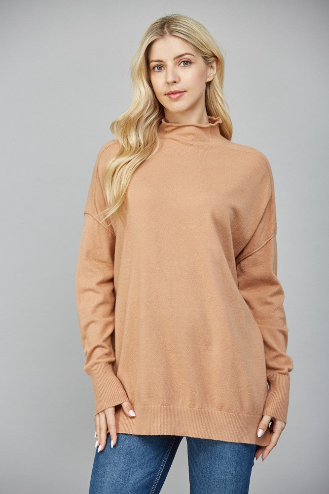 Rolled Raw Edge High-neck Sweater
