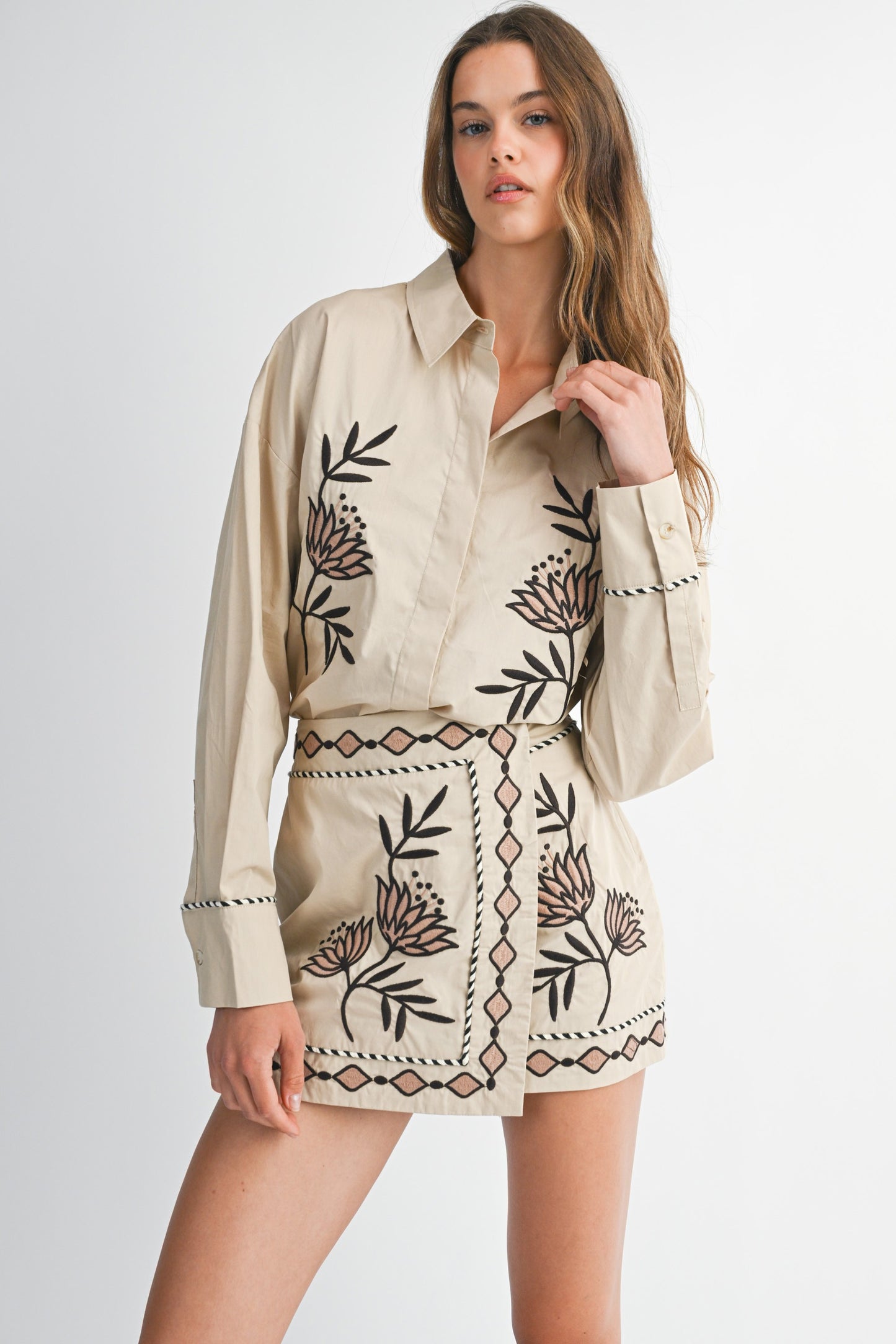 Embroidered Button Down Skirt Set