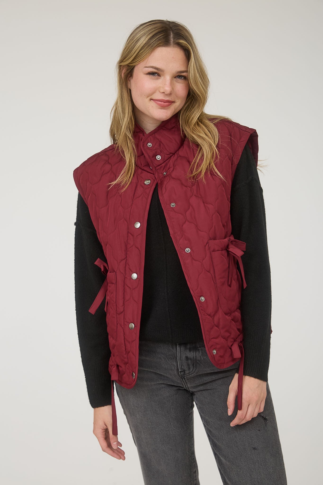 Tie Detail Snap Button Down Quilted Puffer Vest
