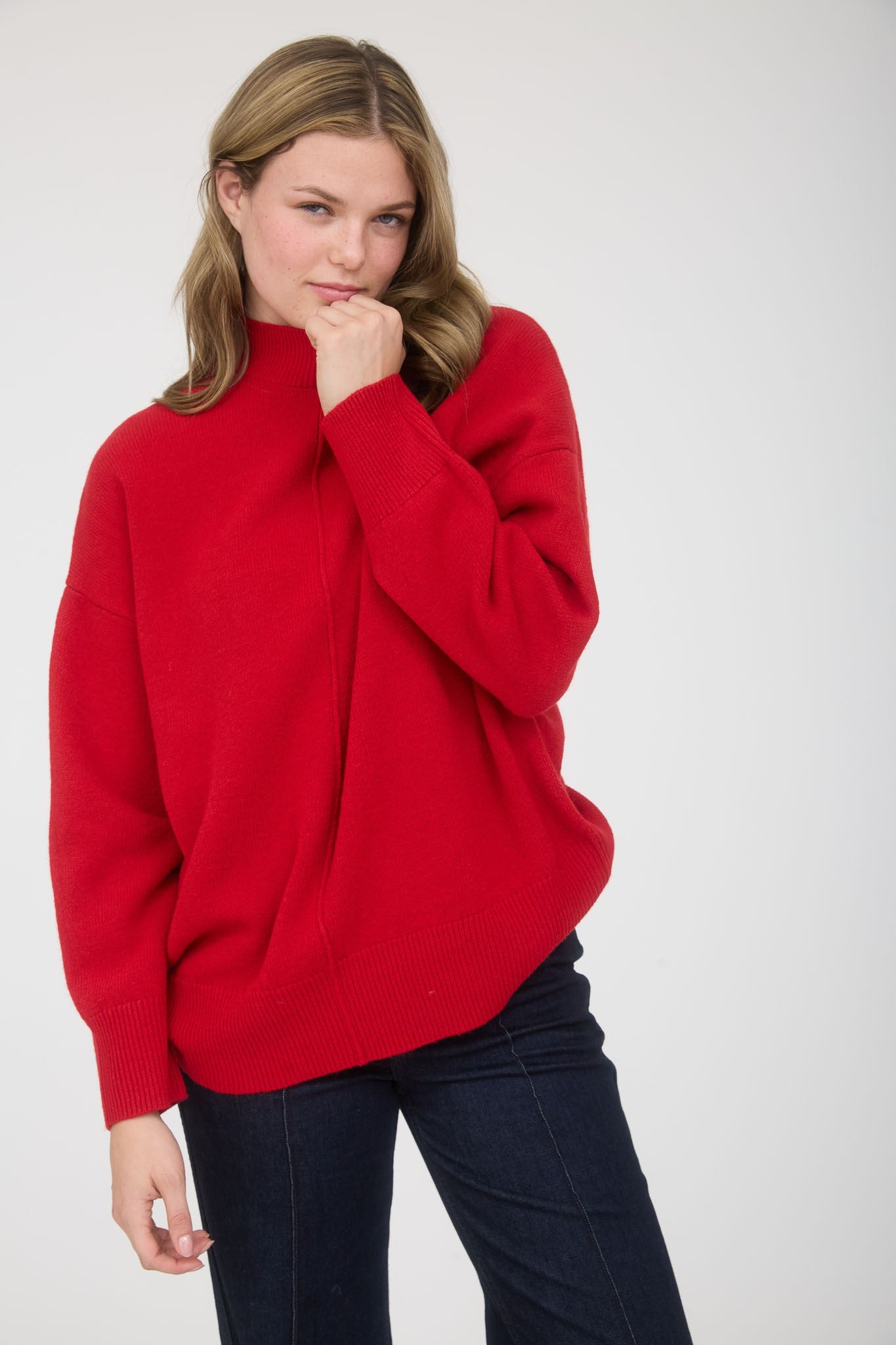 Red Front Seam Mock Neck Long Sleeve Knit Sweater
