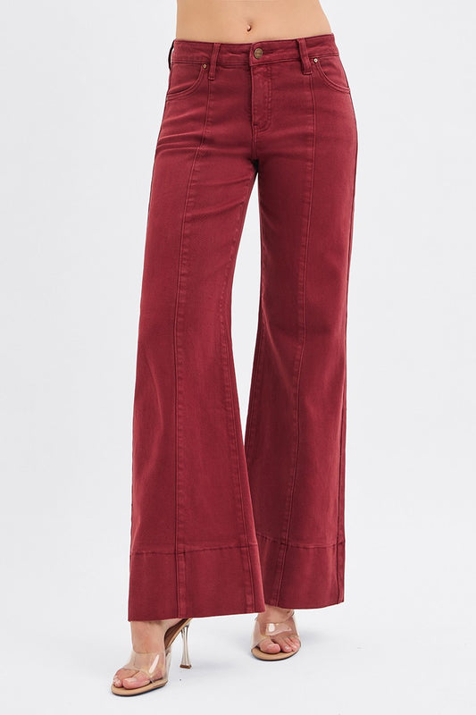 Wine Mid Rise Wide Leg Denim