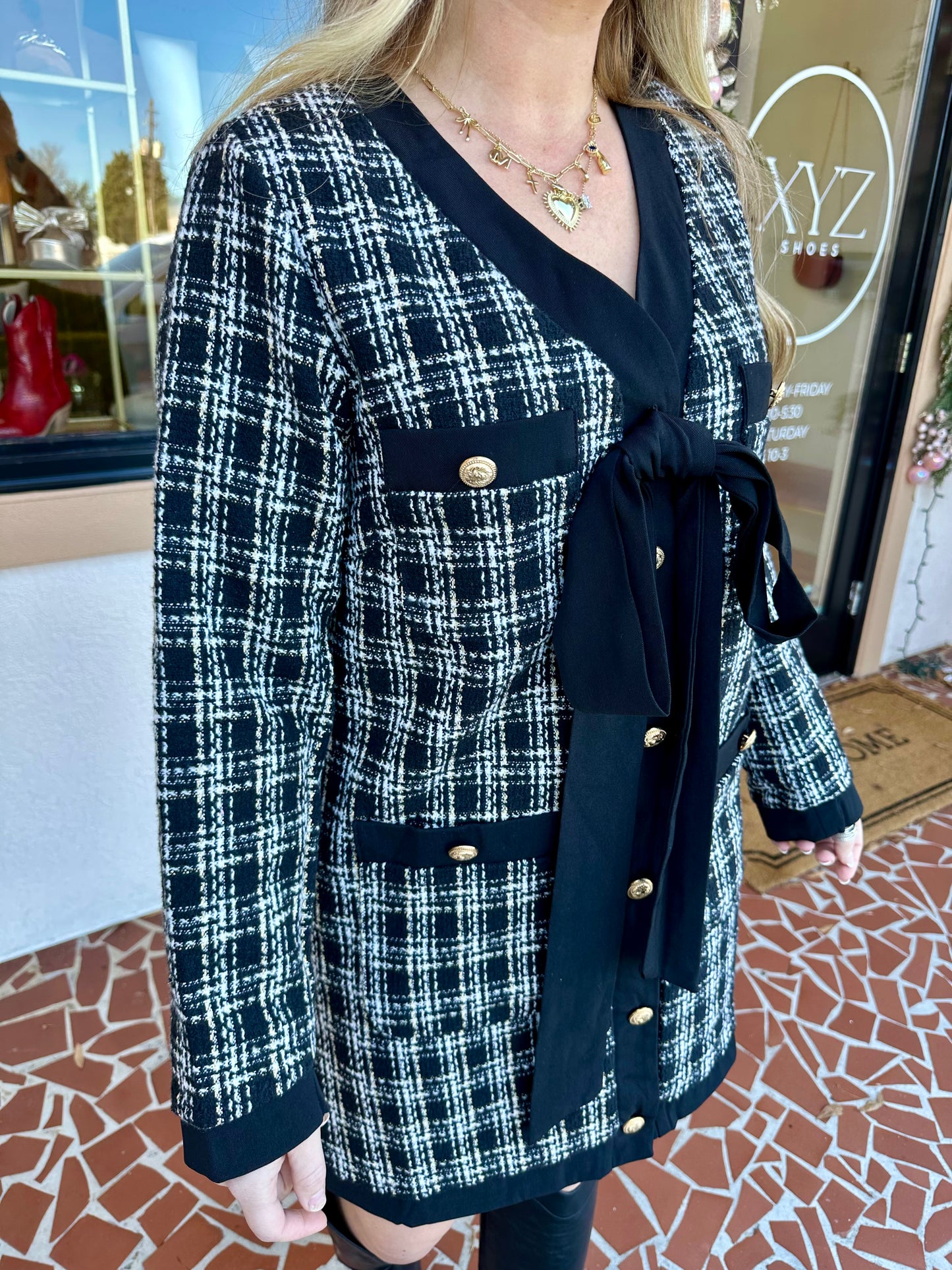 Black Tweed Ribbon Detail Dress
