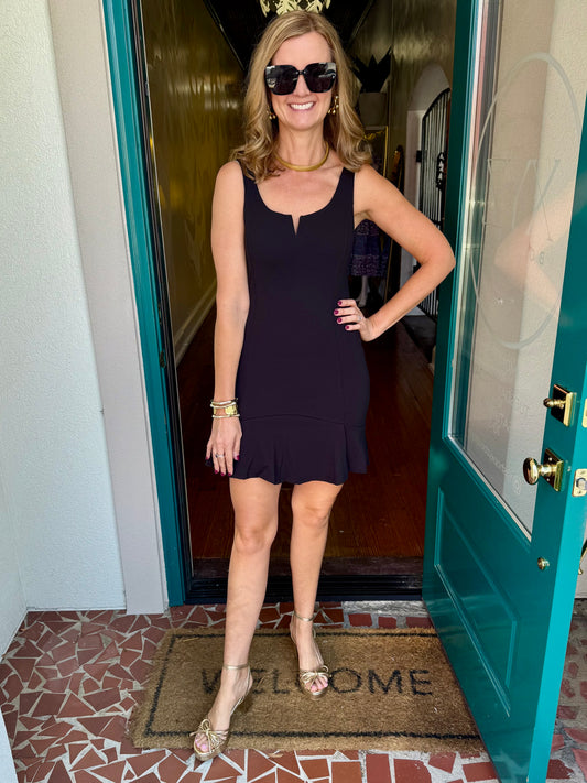 Black Sleeveless Heavy Knit Pleated Skirt Hem Dress