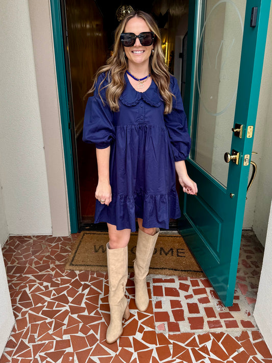 Navy Peter Pan Collar Long Sleeve Dress