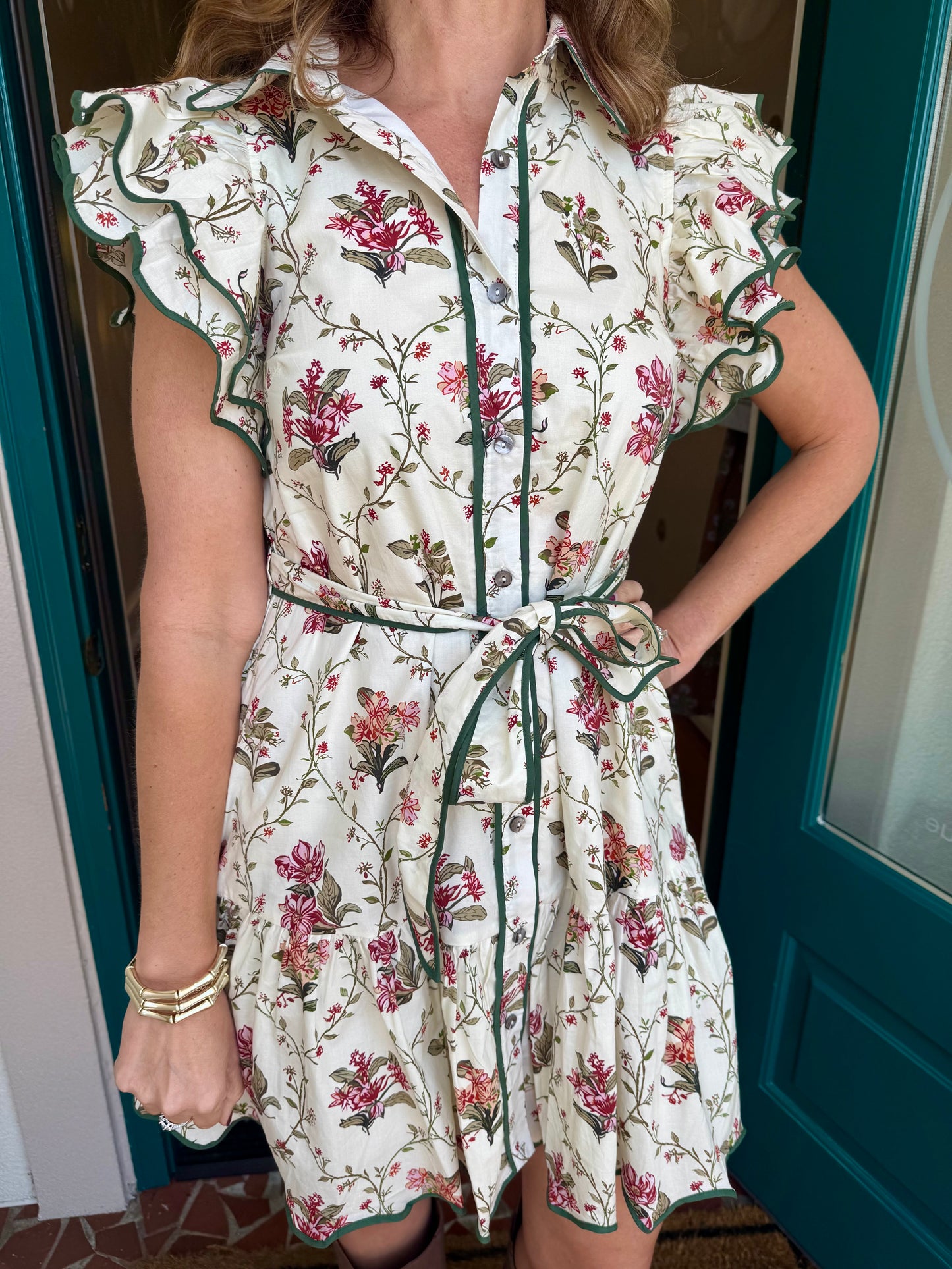 Cream and Green Floral Print Tiered Flutter Sleeve
