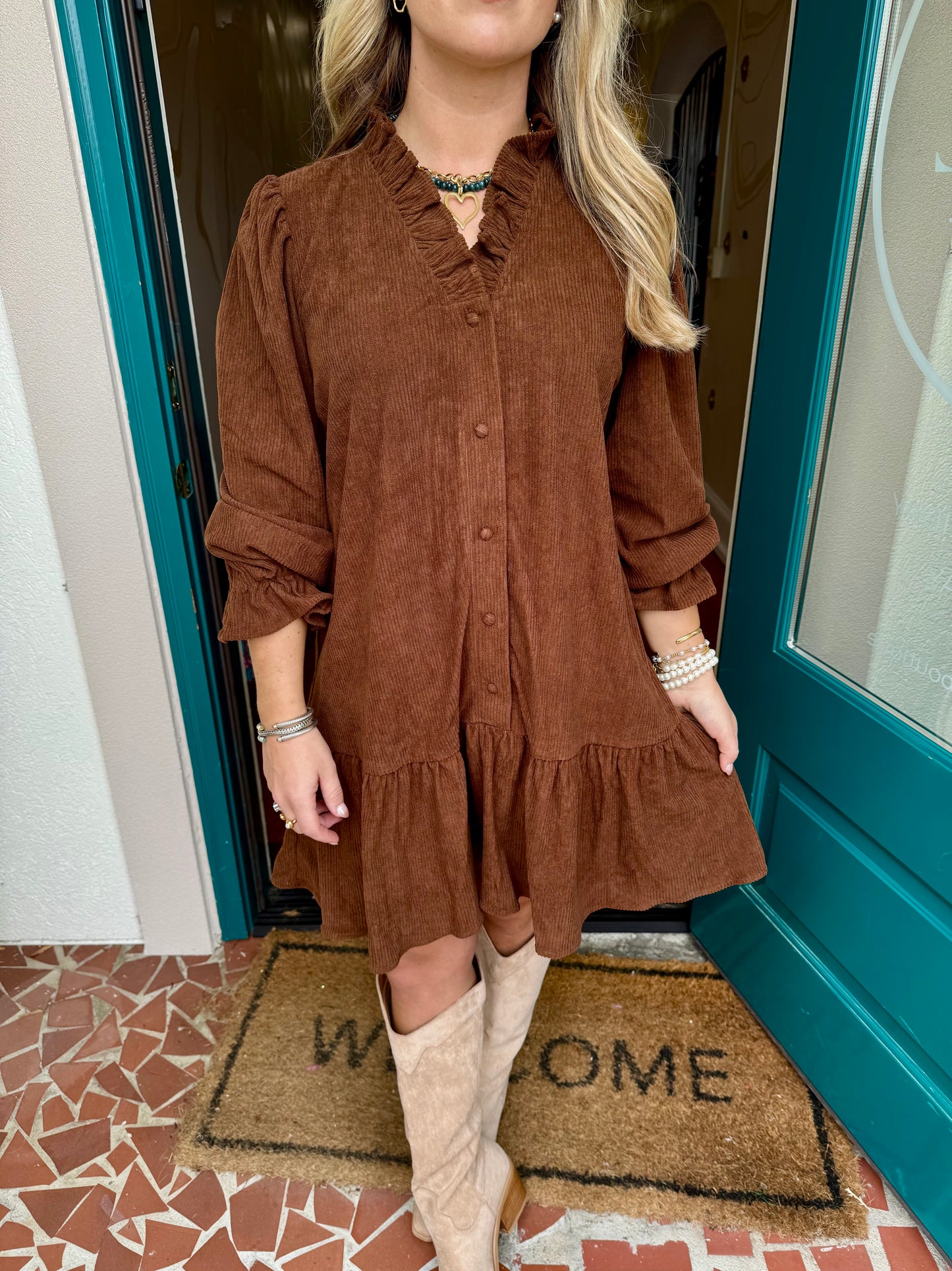 Corduroy Ruffle Trim Babydoll Dress