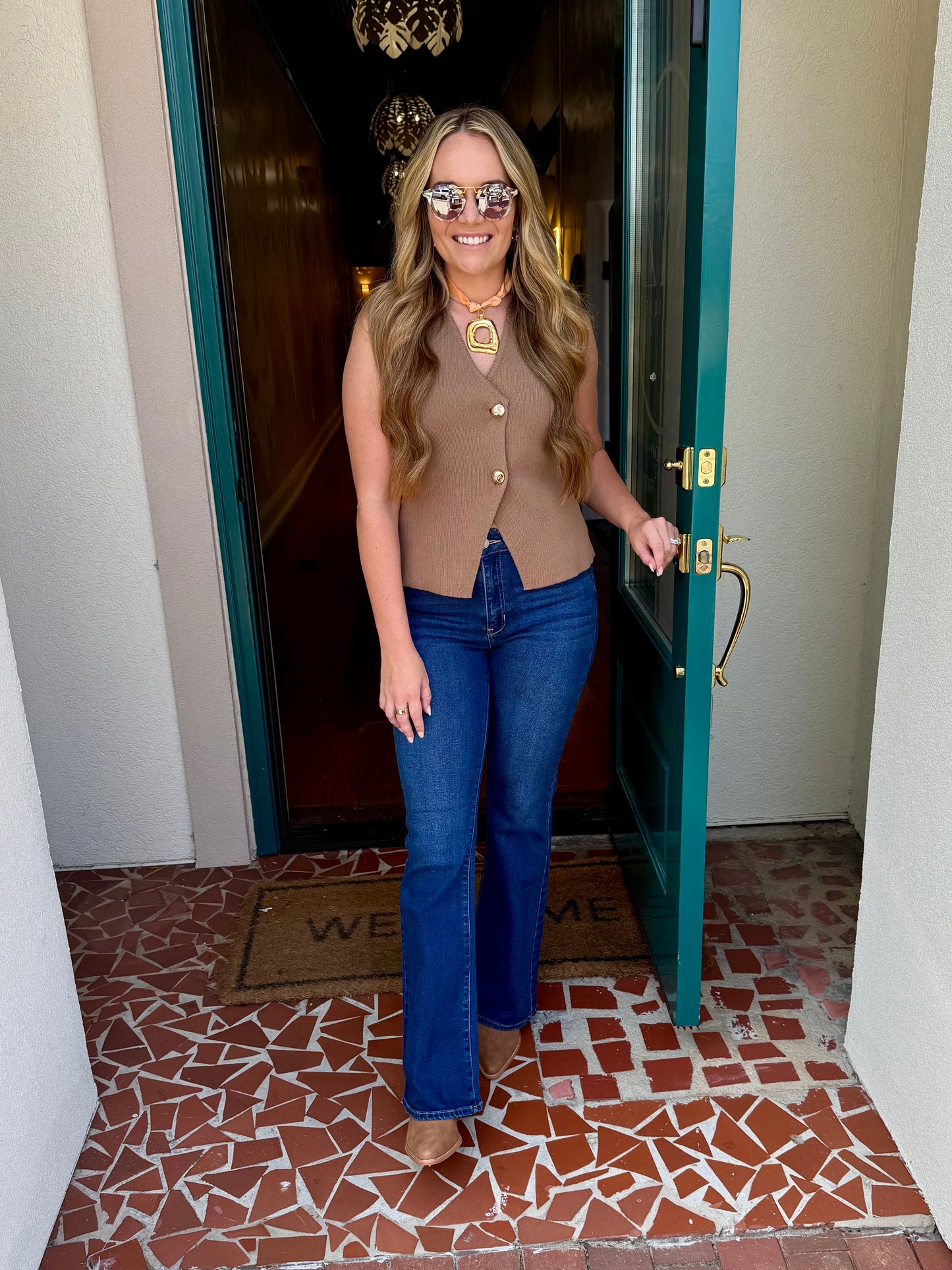 Sleeveless Gold Button Knit Sweater Vest