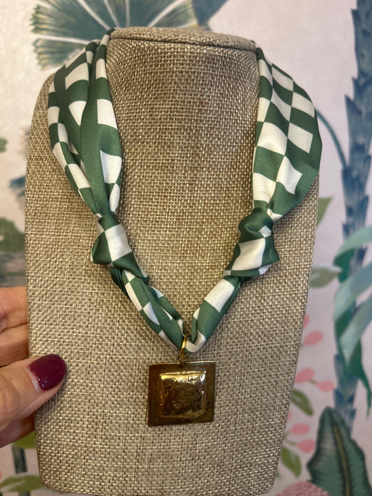 Green Checked Gold Square Scarf Necklace