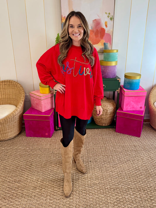 Red "Festive" Tinsel Sweater - Mudpie