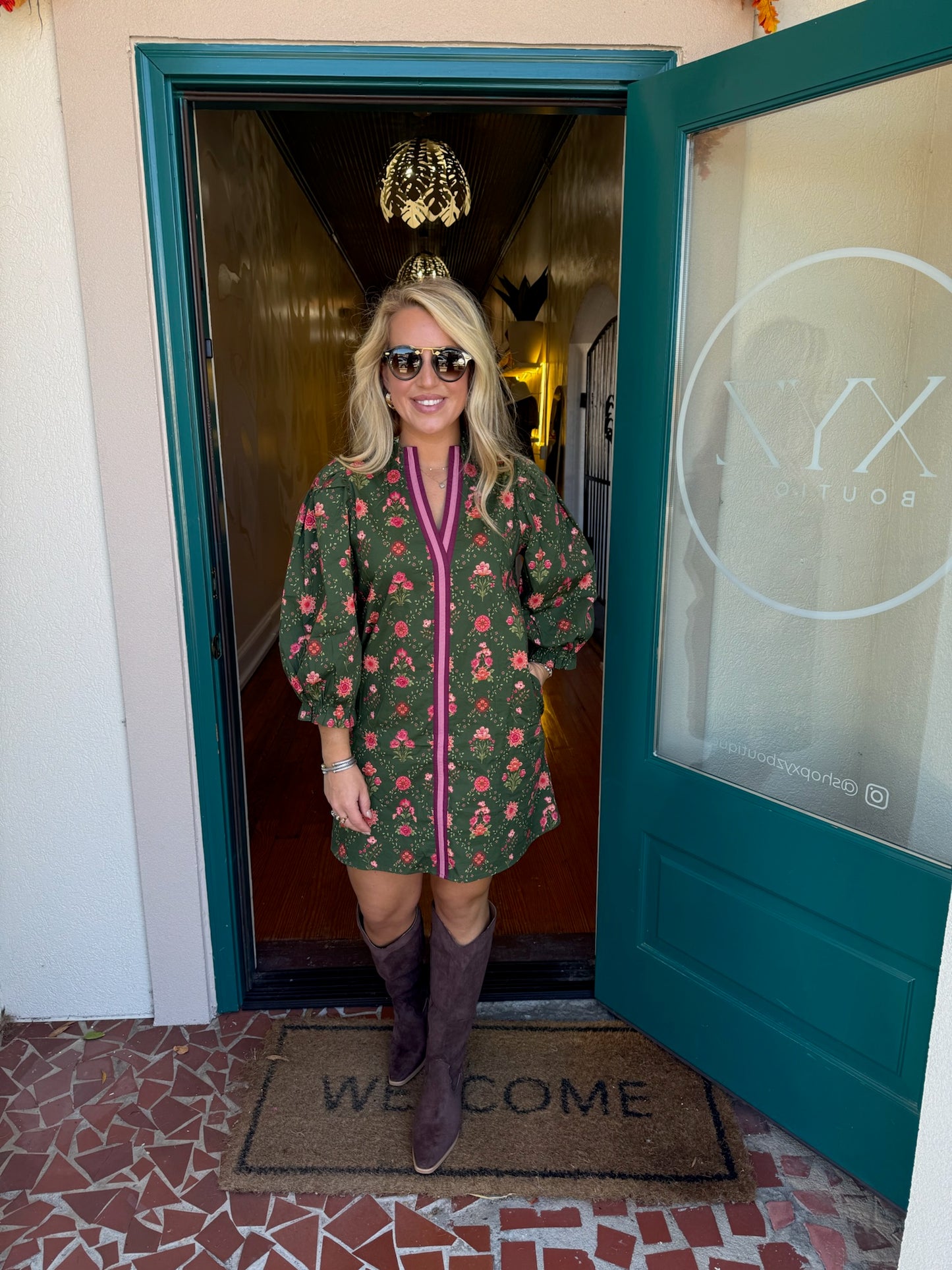 Green Floral Contrast Trim Dress