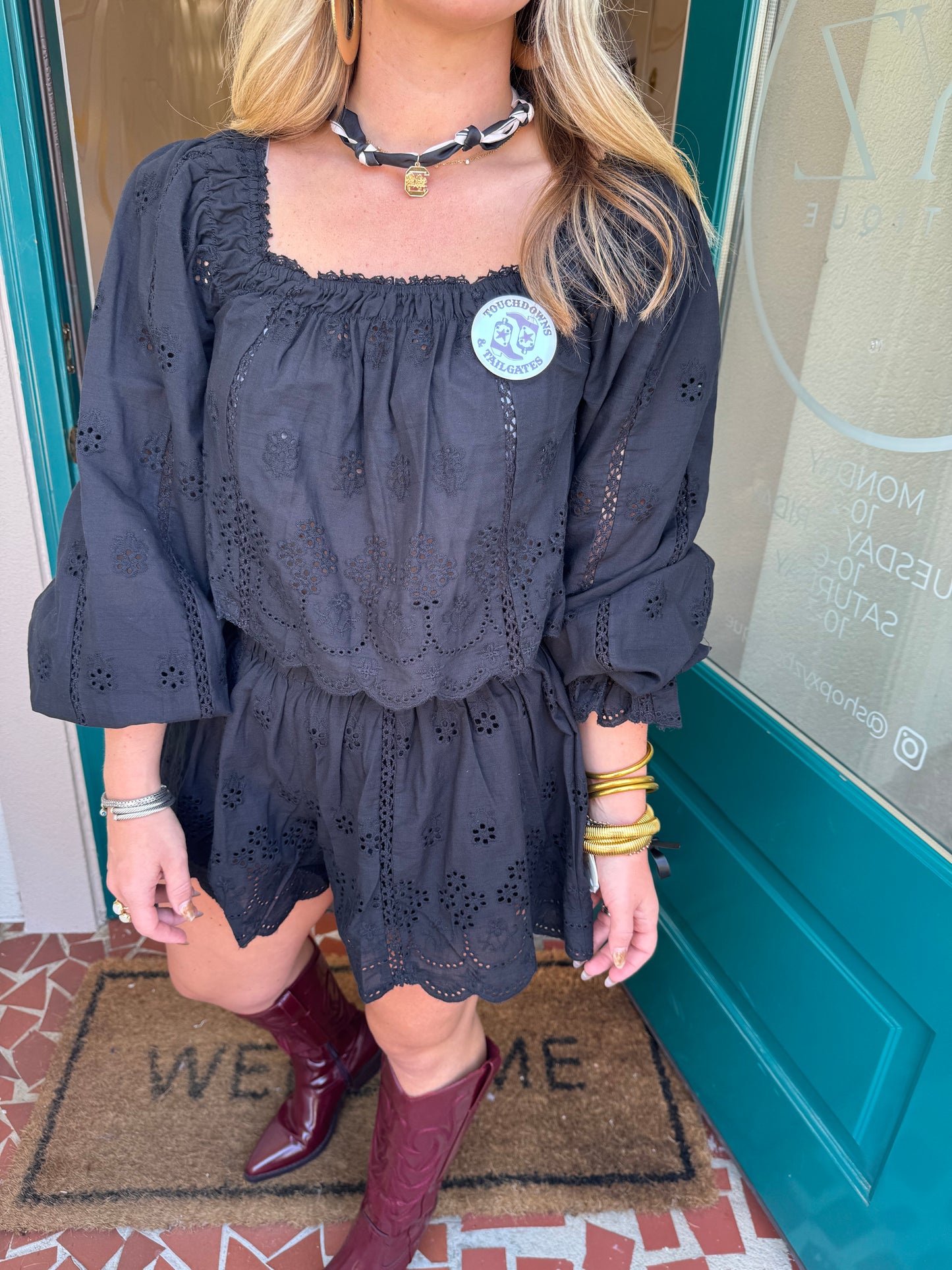 Black Embroidered Scalloped Shorts Set