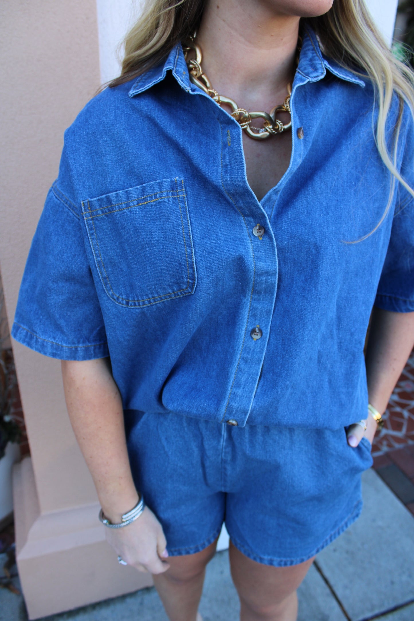 Denim Button Down Shorts Set