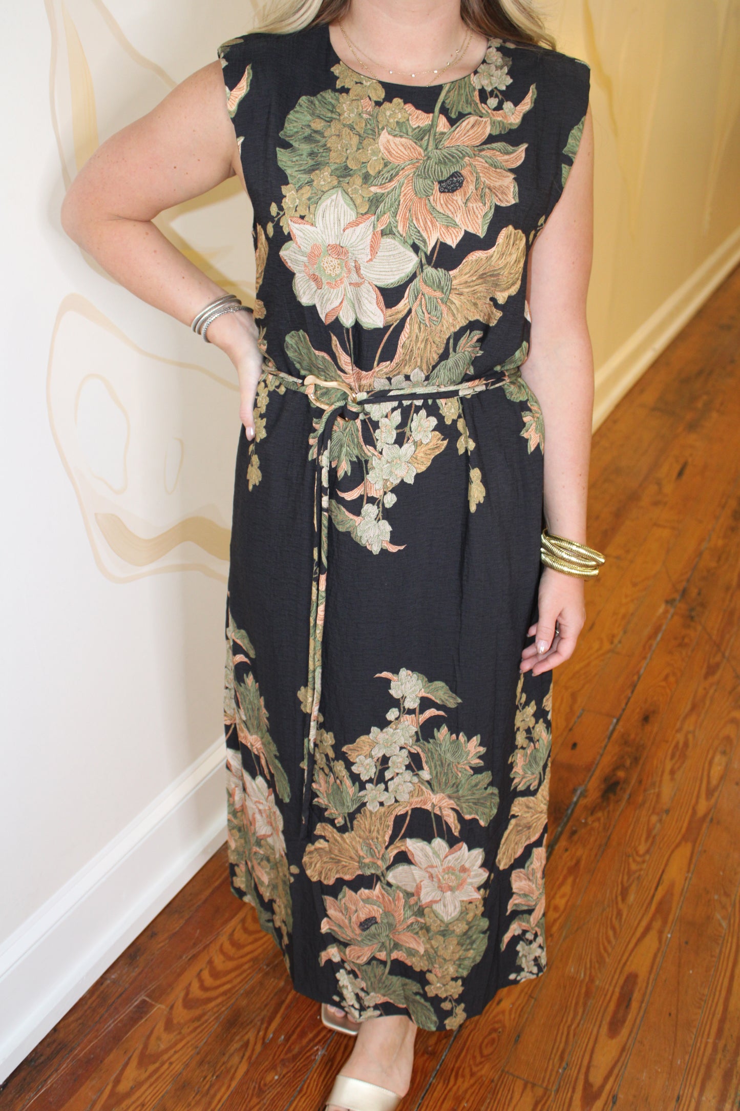 Black Floral Metal Tip Belt Dress
