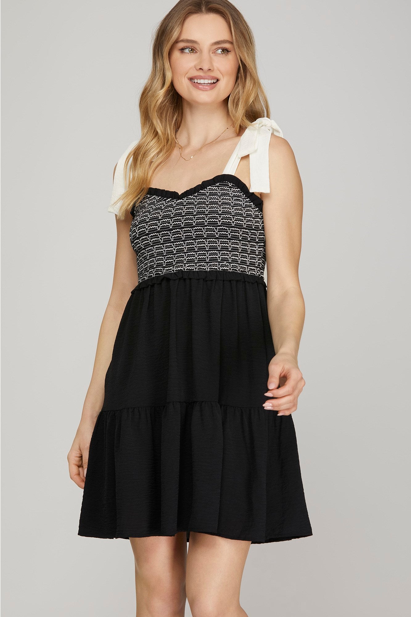 Black Shoulder Tie Smocked Dress