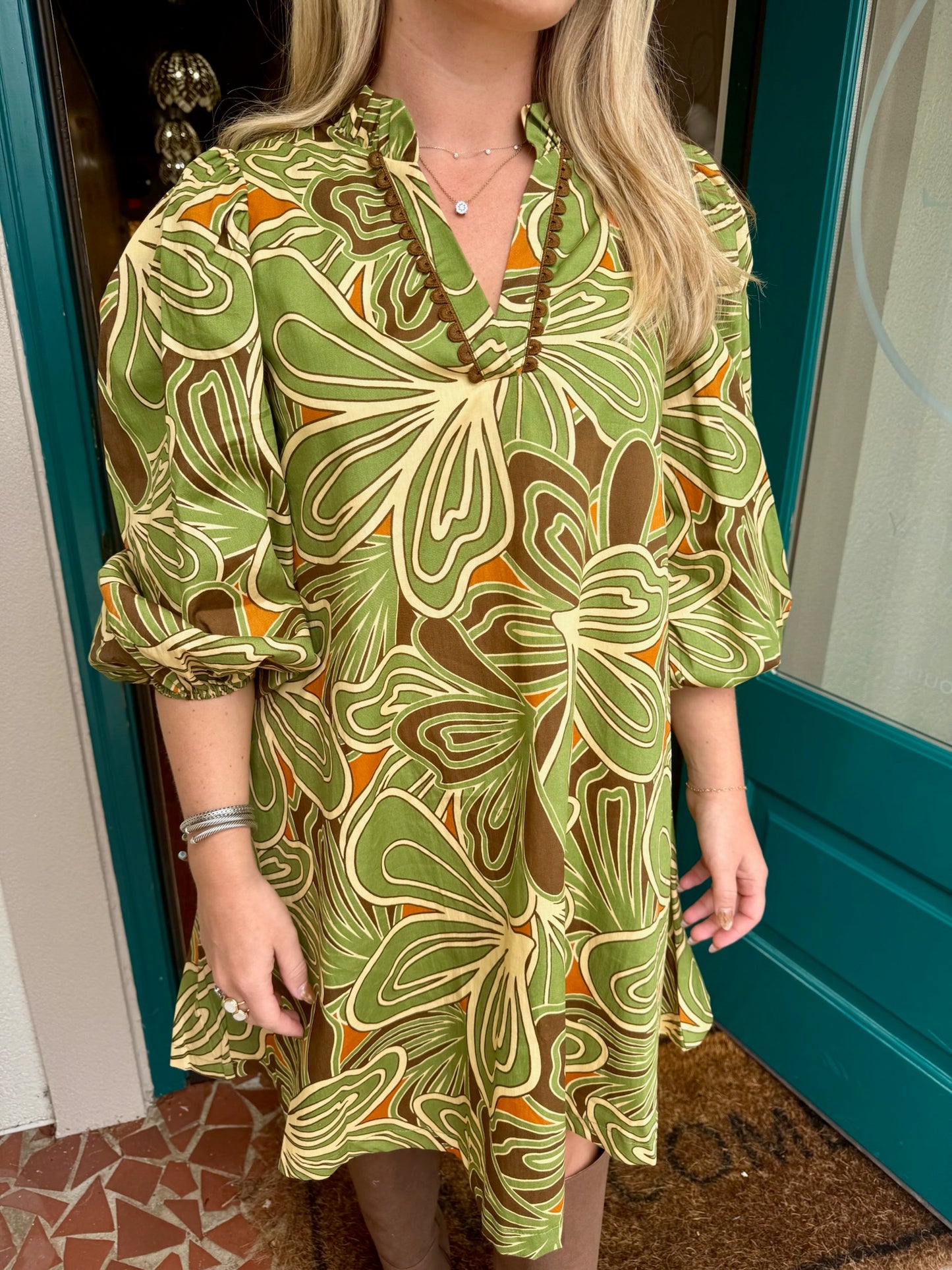 Green Puff Sleeve Scallop Trim Dress