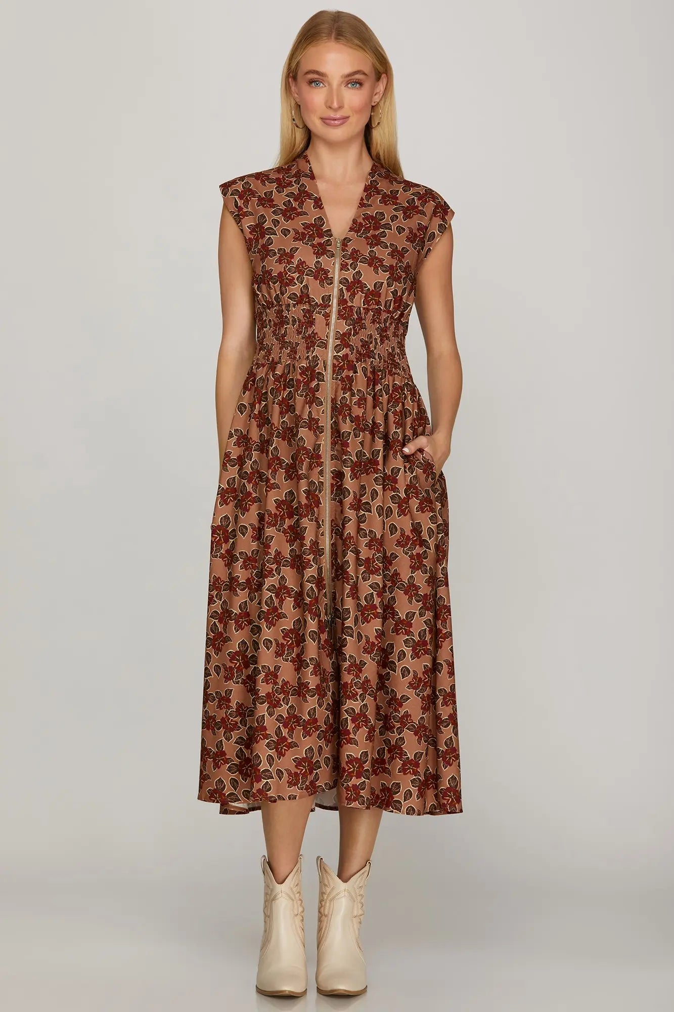DROP SHOULDER FRONT ZIP PRINTED MIDI DRESS