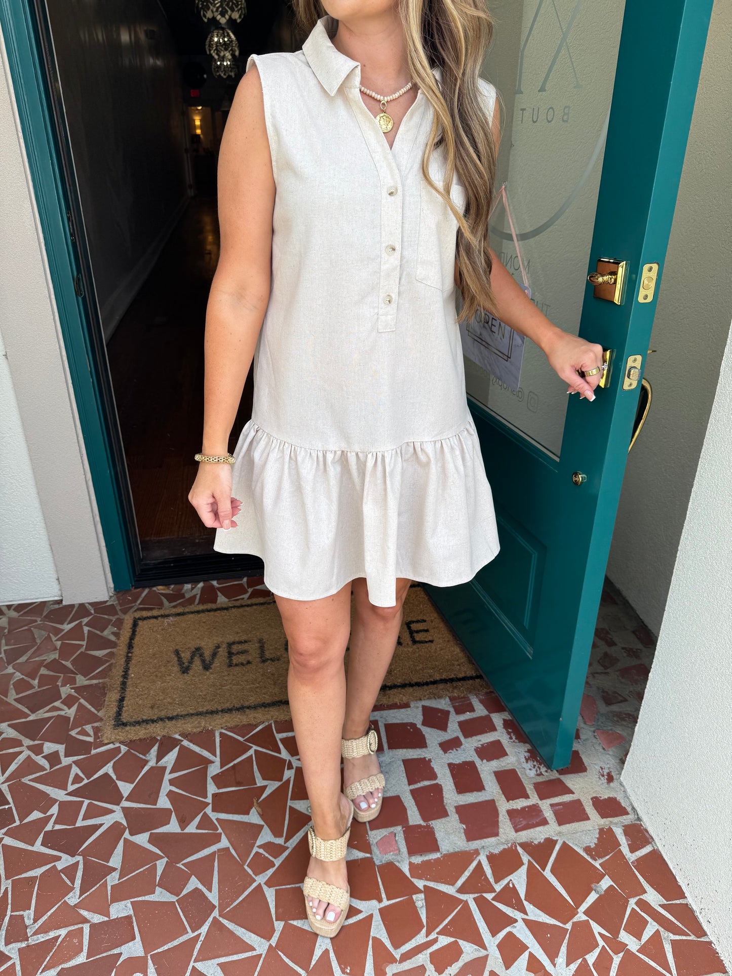 Drop Waist Button Down Sleeveless Linen Dress