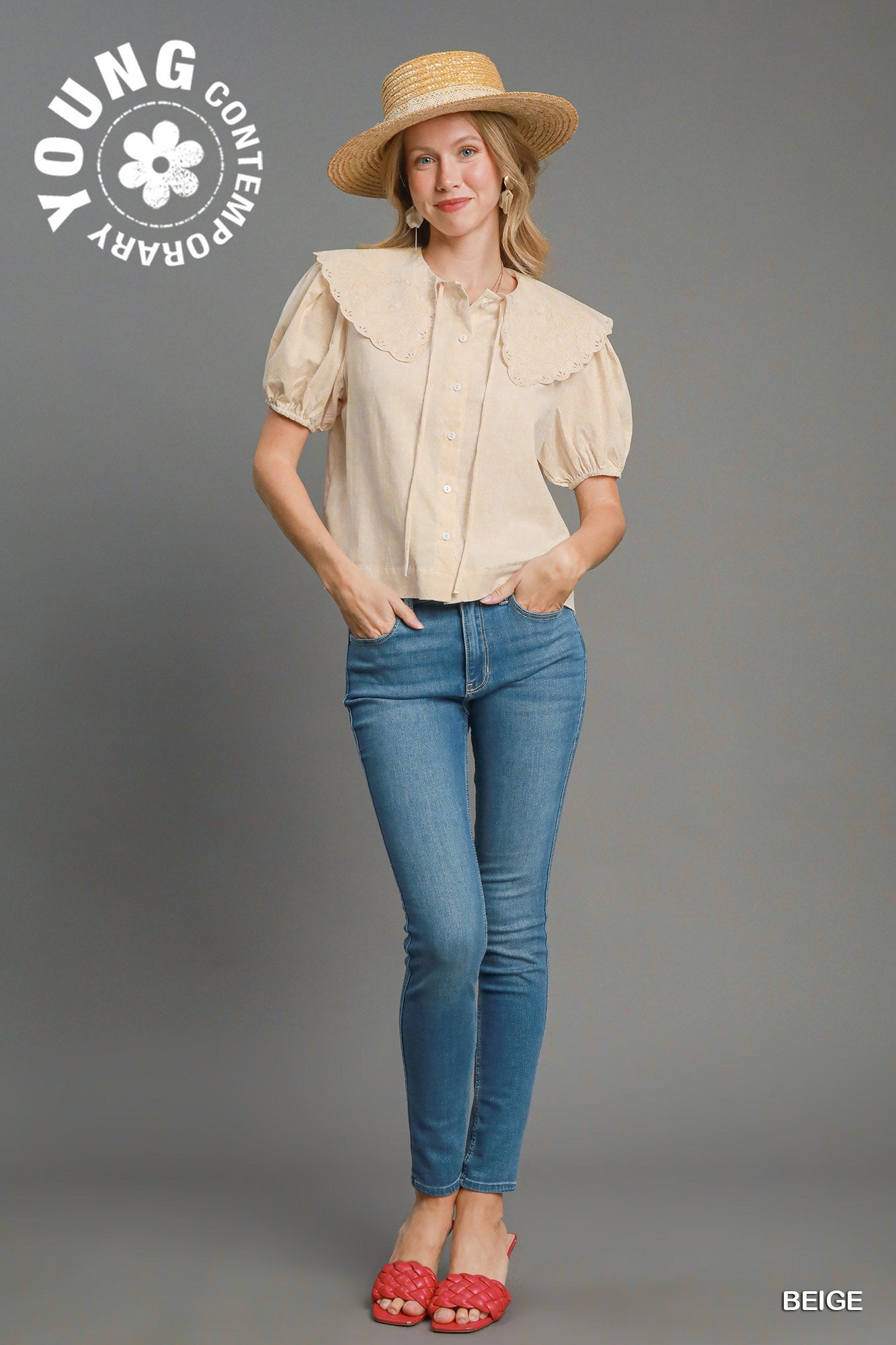 Beige Peter Pan Collared Short Sleeve Top