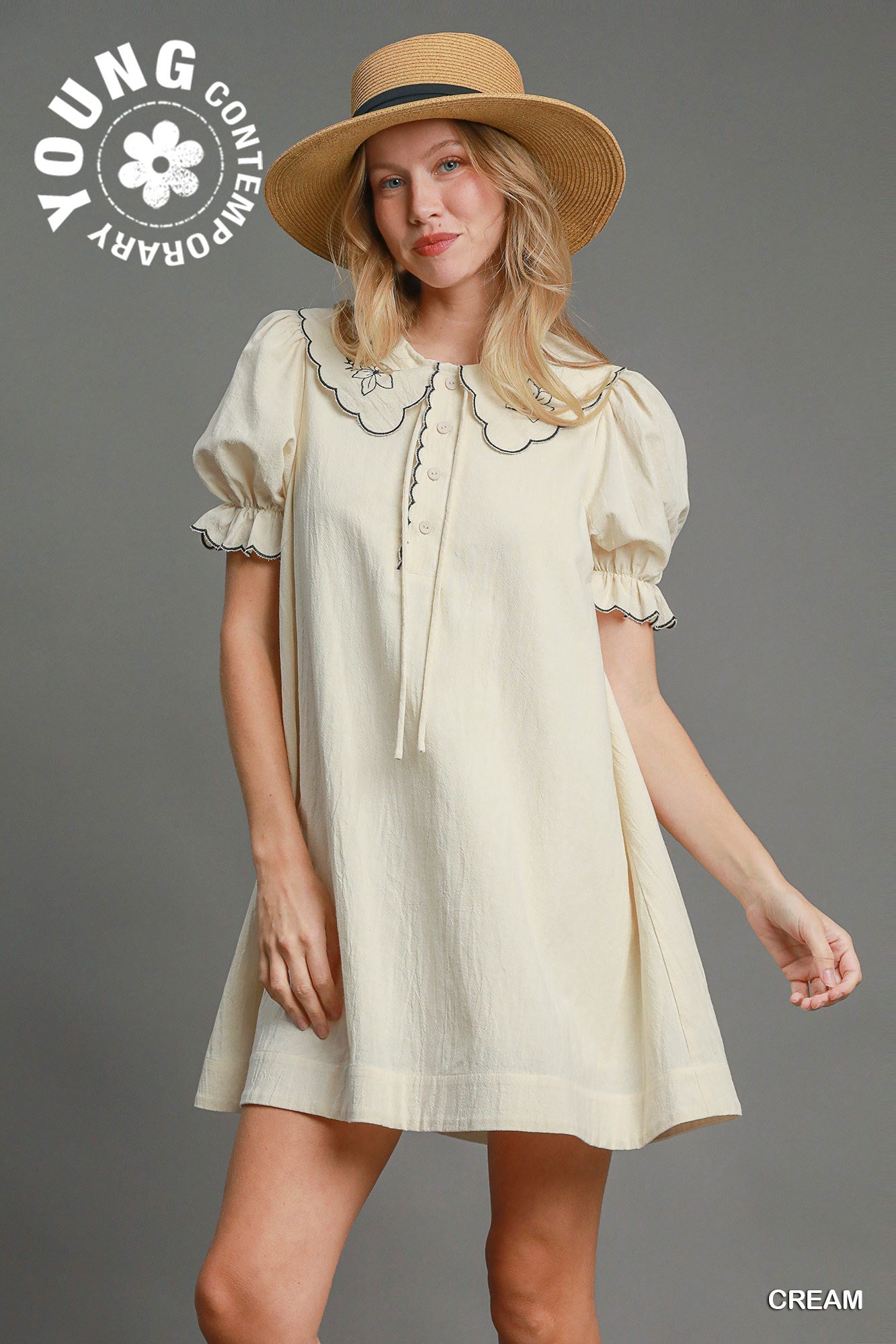 Cream Embroidery Collared Dress