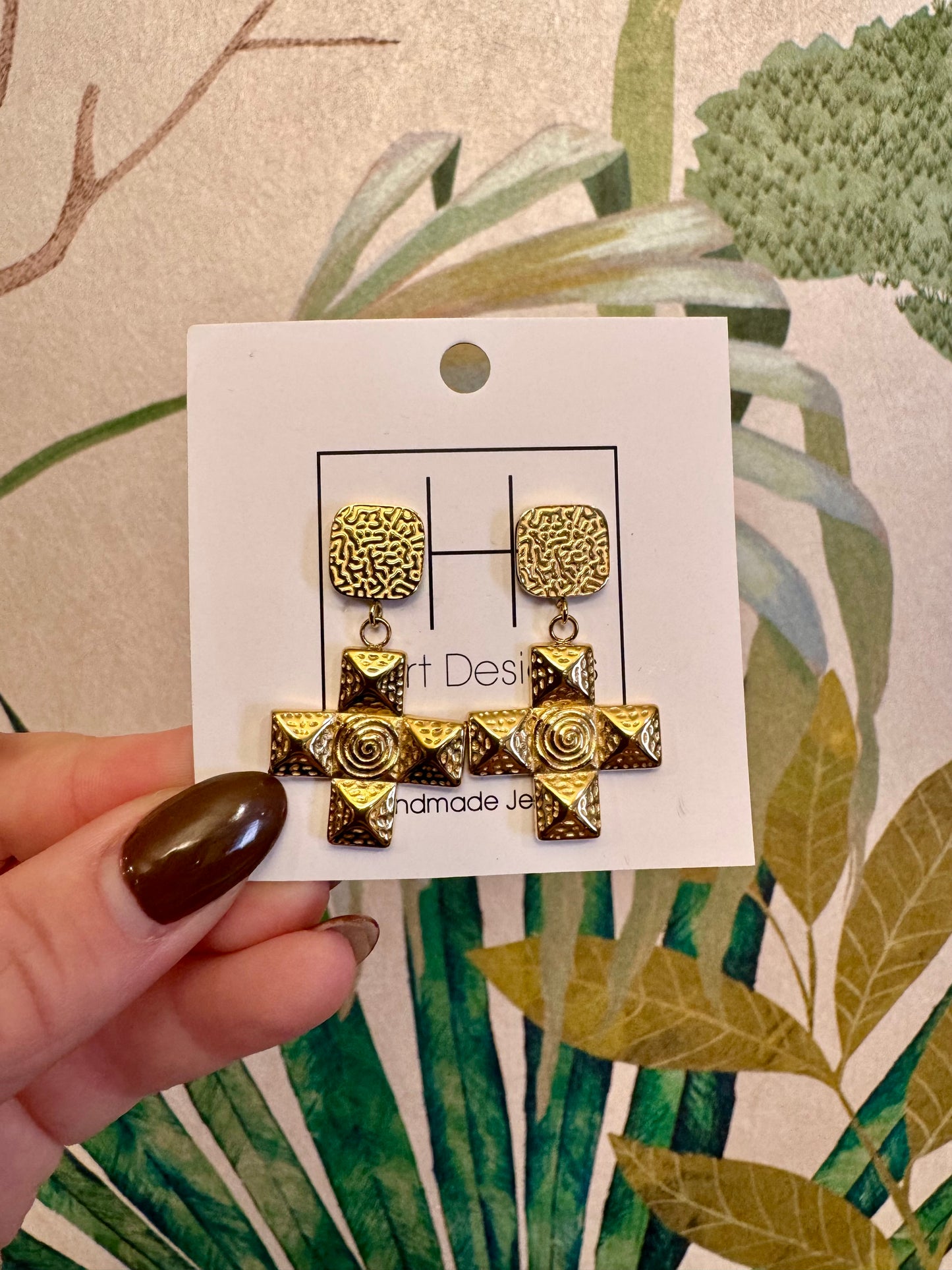 Textured Cross Gold Earrings