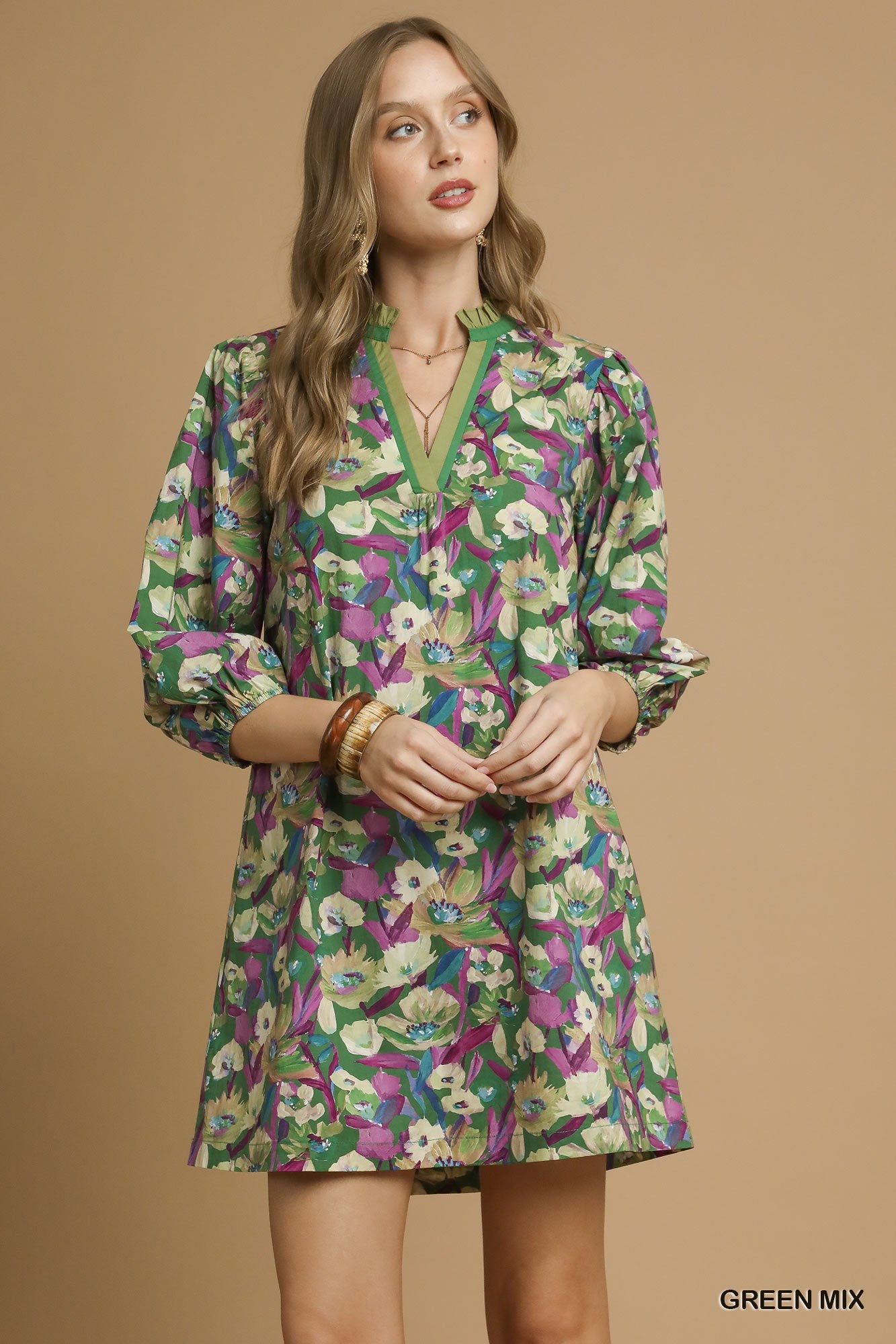 Boho Floral V-Neck Balloon Sleeve Dress
