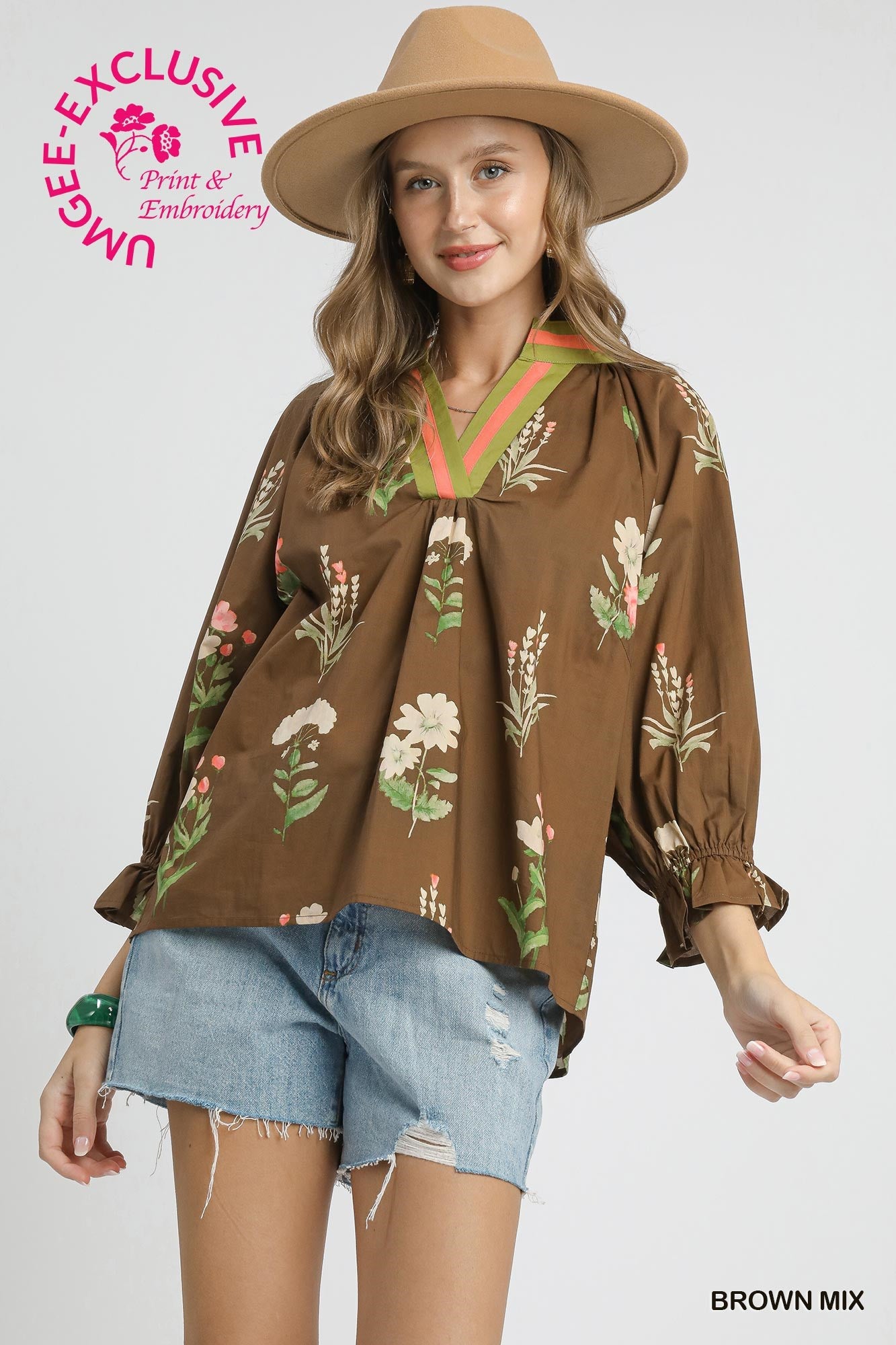 Brown Floral Contrast Trim Blouse