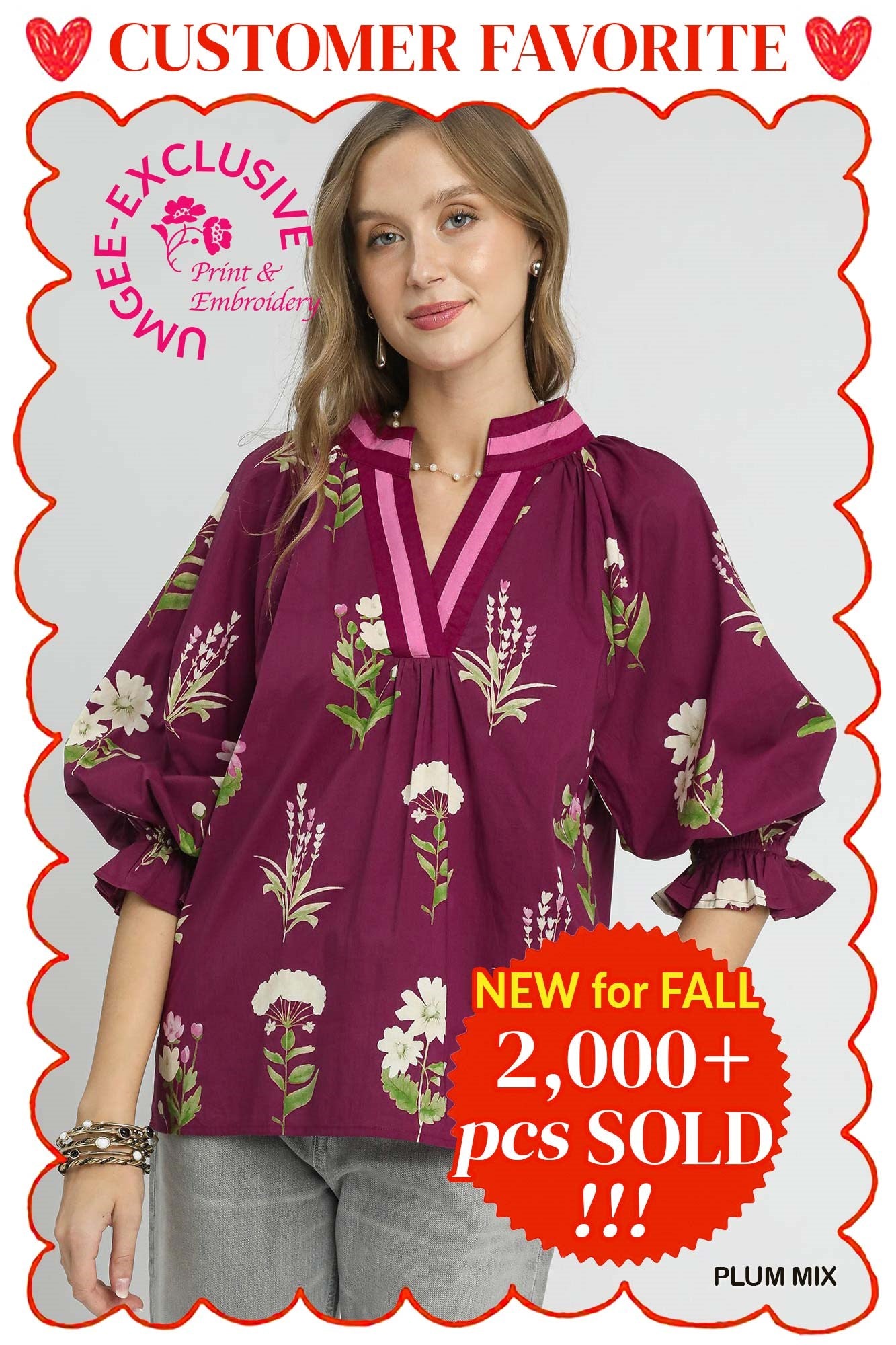 Burgundy Floral Contrast Trim Blouse