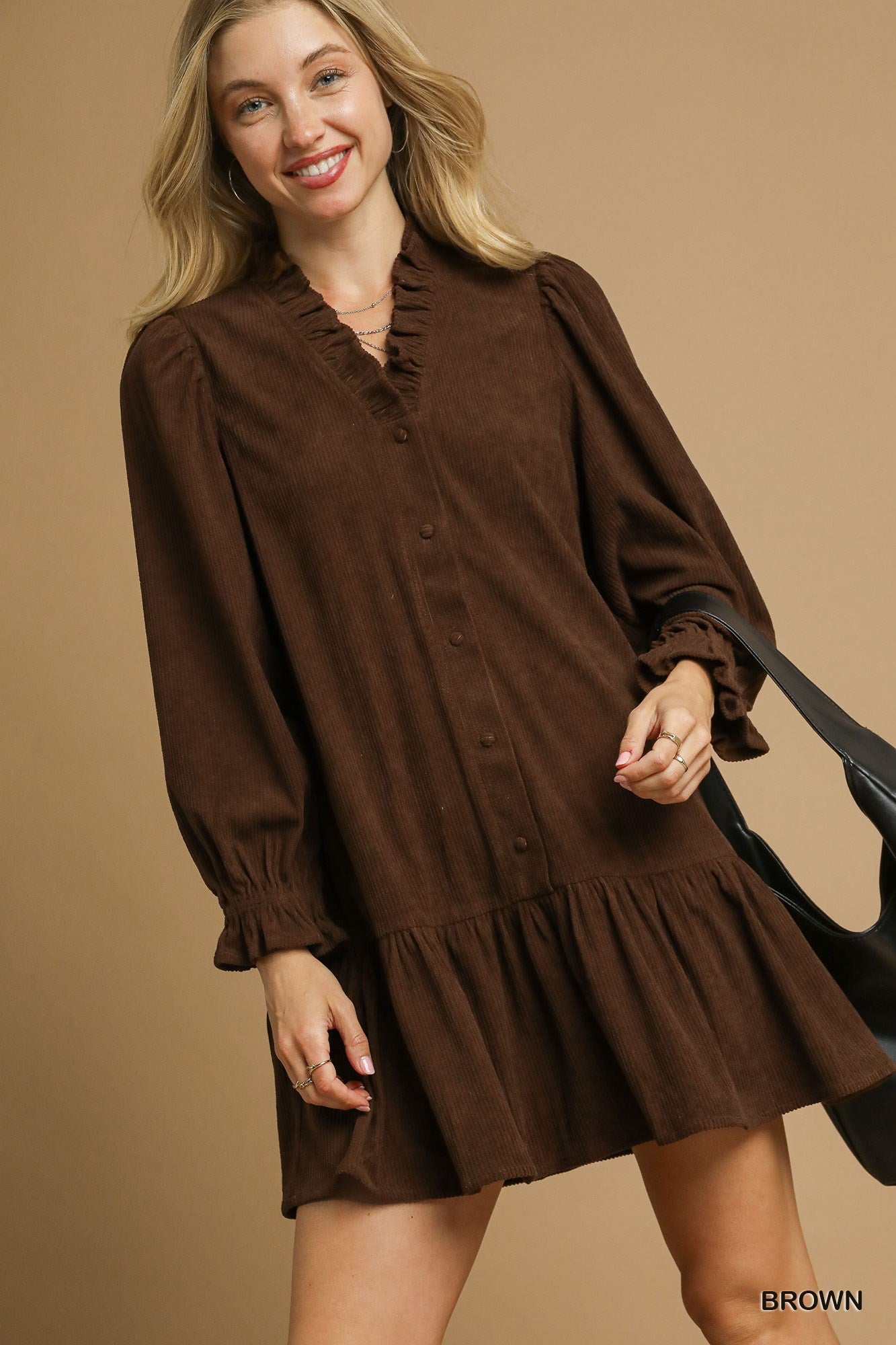 Corduroy Ruffle Trim Babydoll Dress