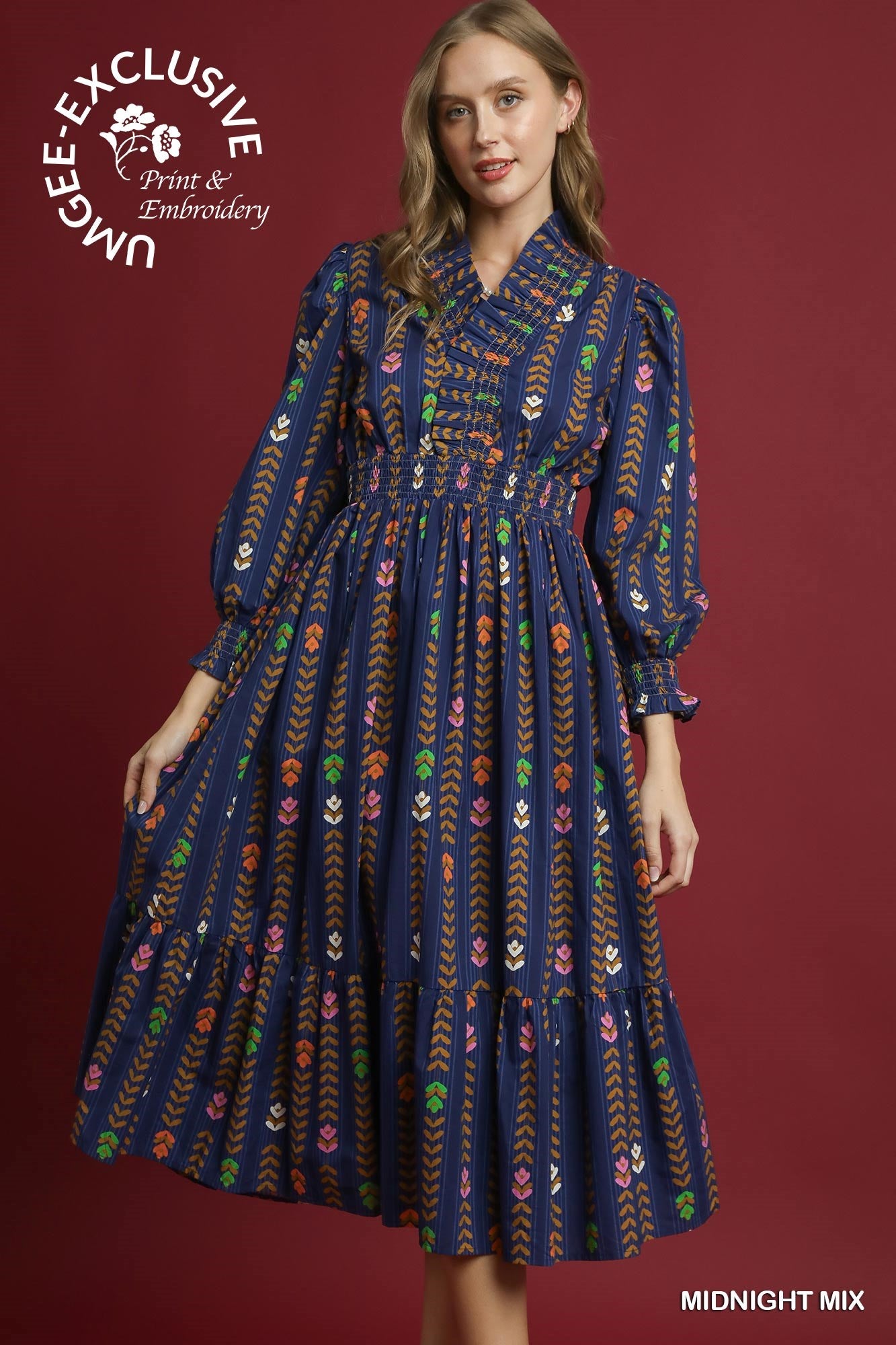 Navy Stripped Floral Print Midi Dress with Ruffle Collar
