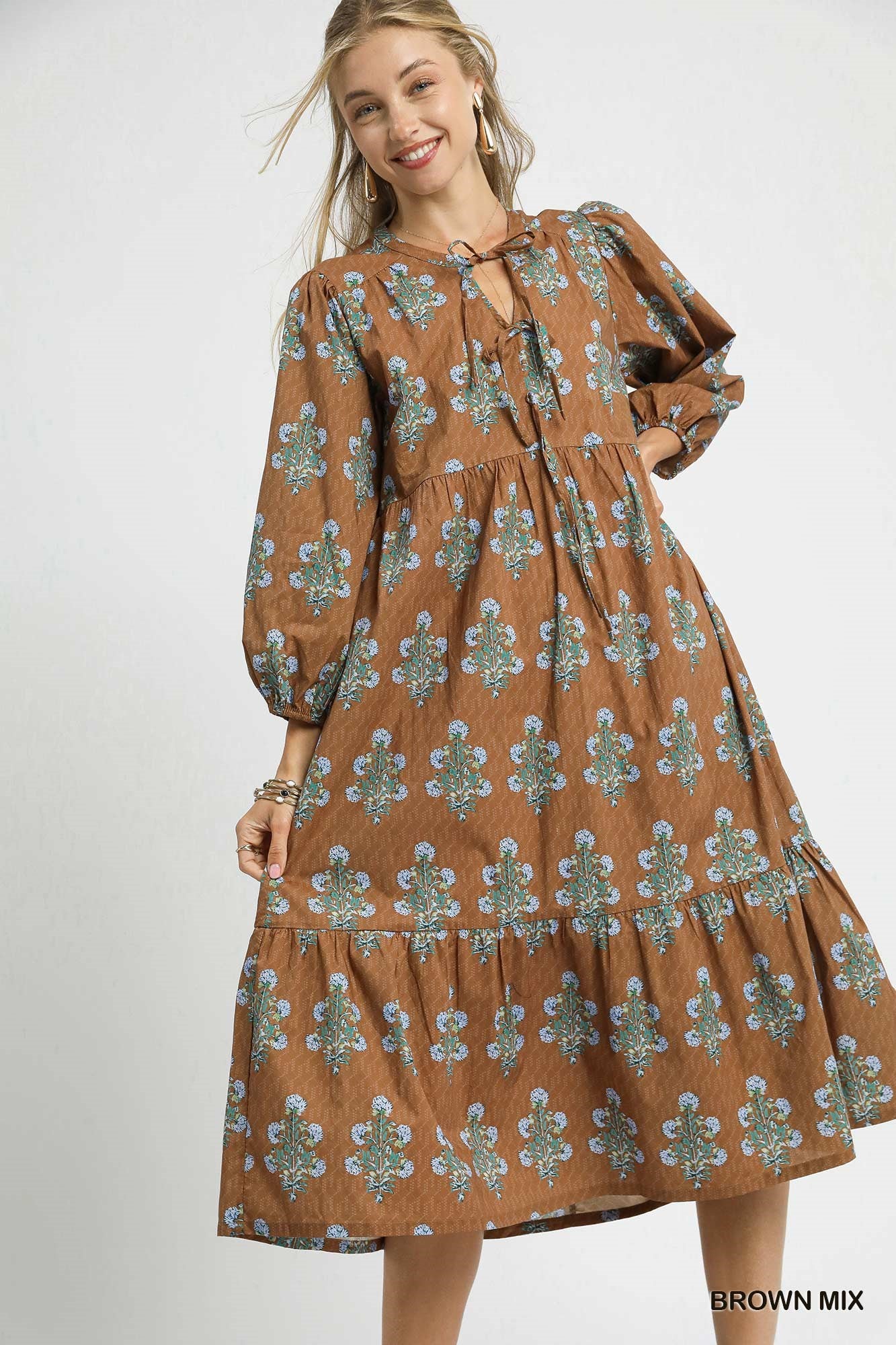 Brown Floral Keyhole Midi Dress with Balloon Sleeves