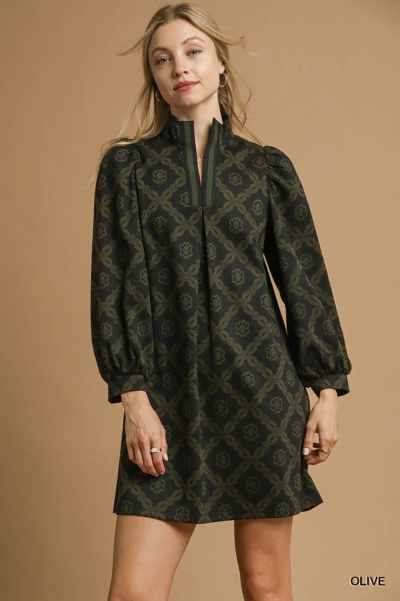 Olive Geometric Print Long Sleeve Dress