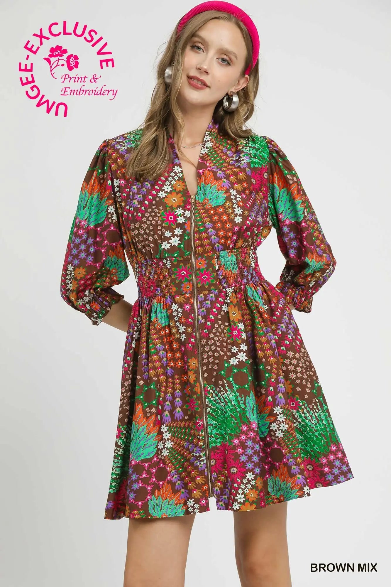 Brown Mix Floral Zip Front Dress