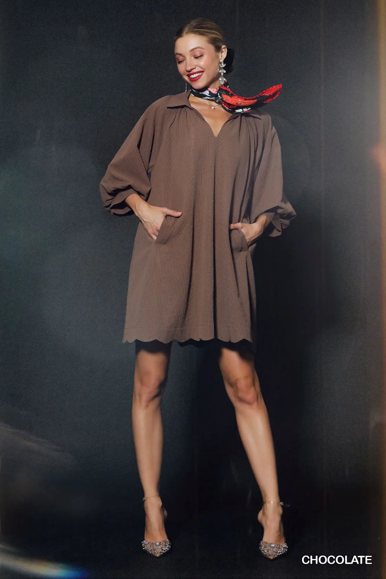 Split V-Neck Dress with Puff Sleeves Scalloped Hem