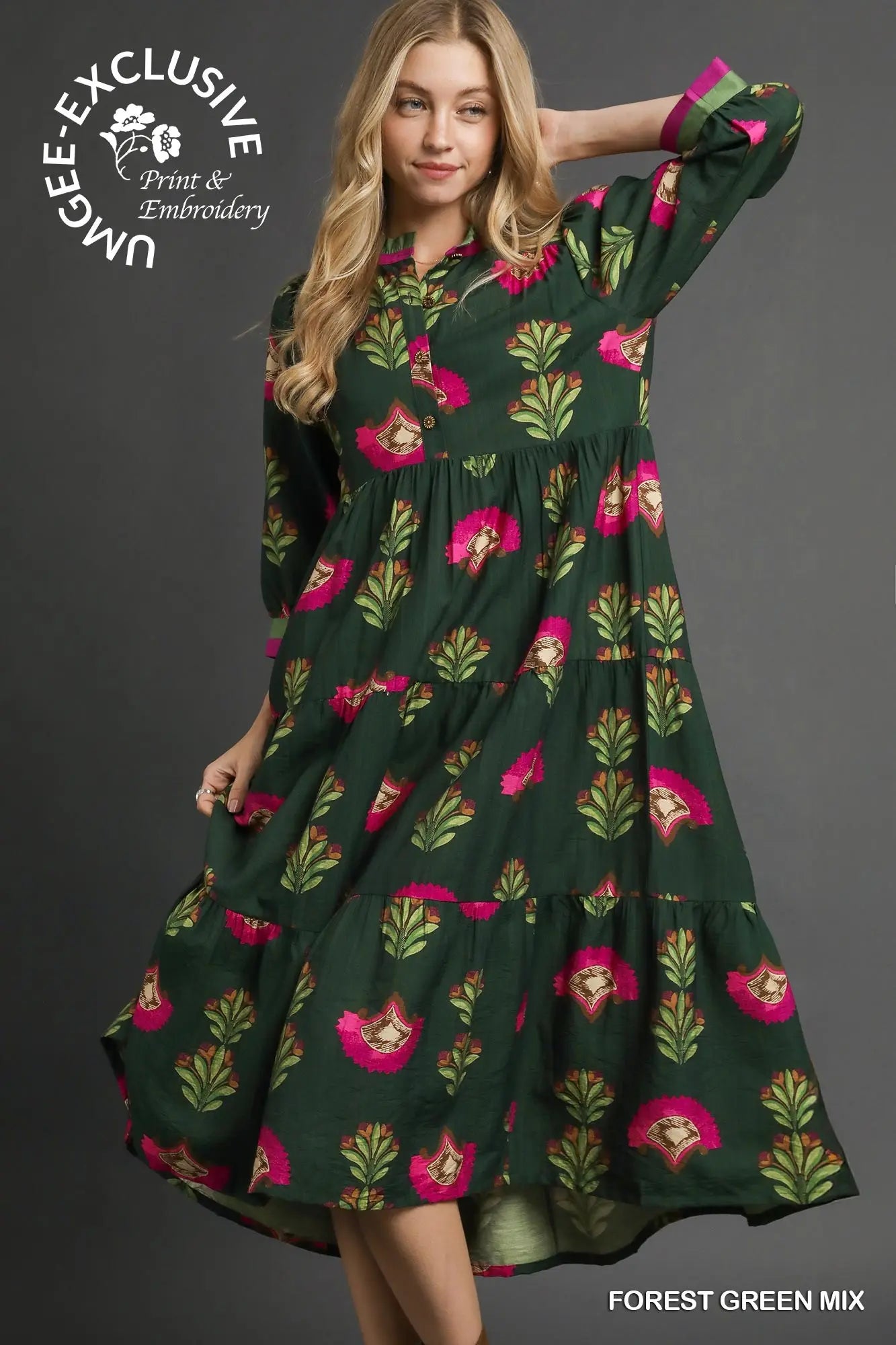 Forest Green Floral Print Tiered Midi Dress