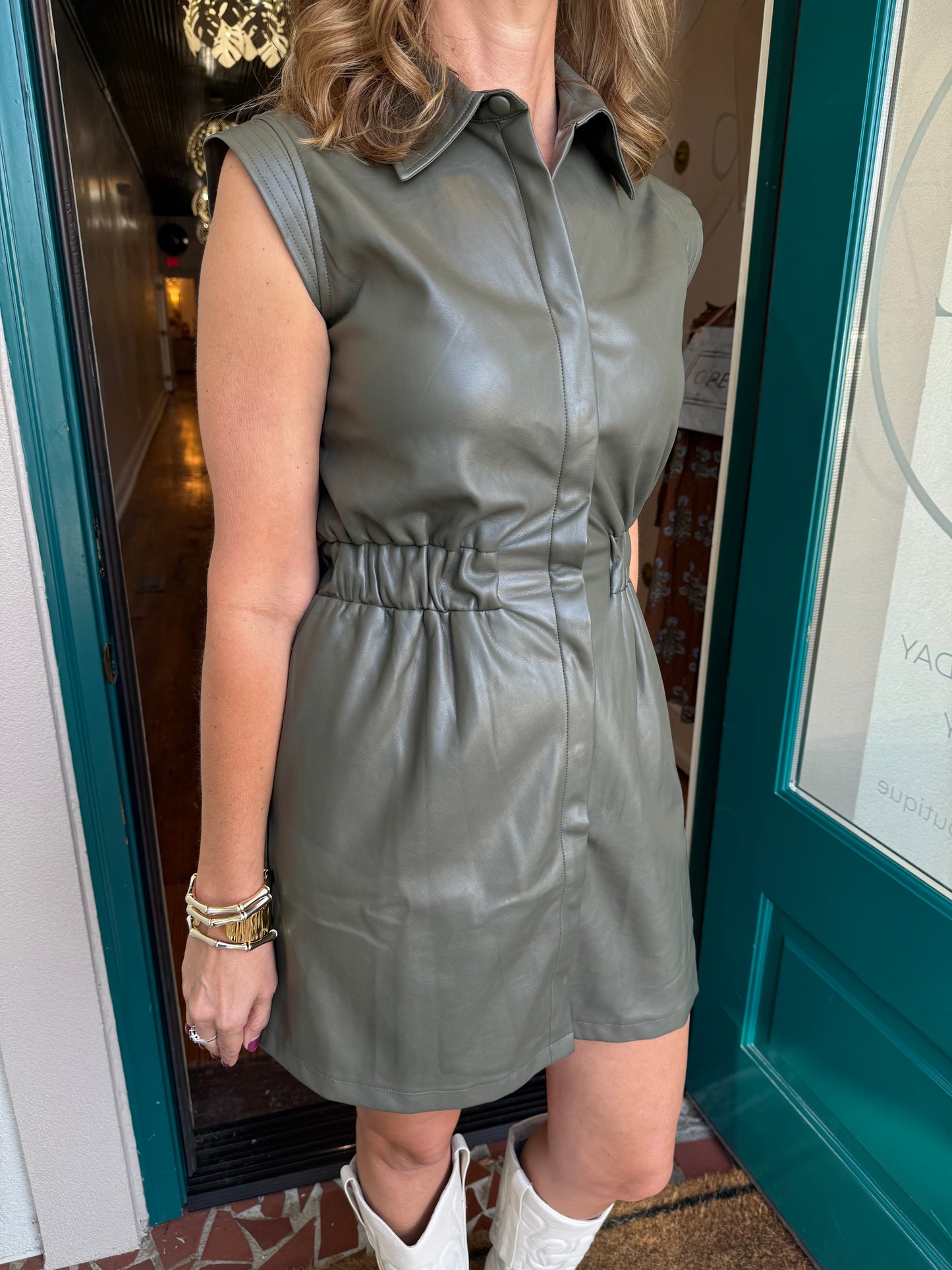 Faux Button Up Cinched In Waist Dress