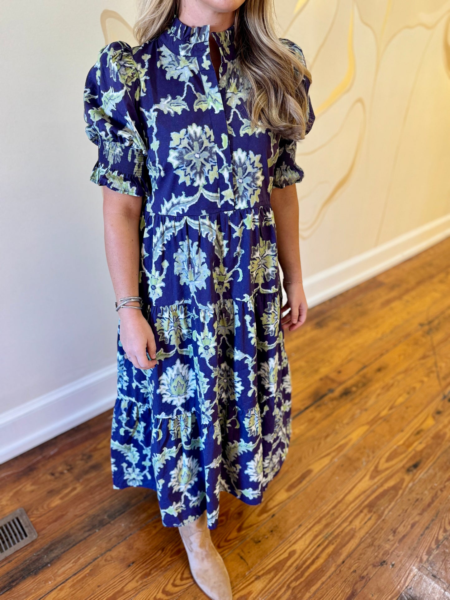 Navy and Green Printed Maxi Dress