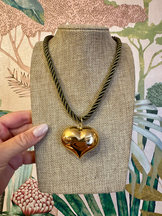 Olive Cord Puffy Heart Necklace