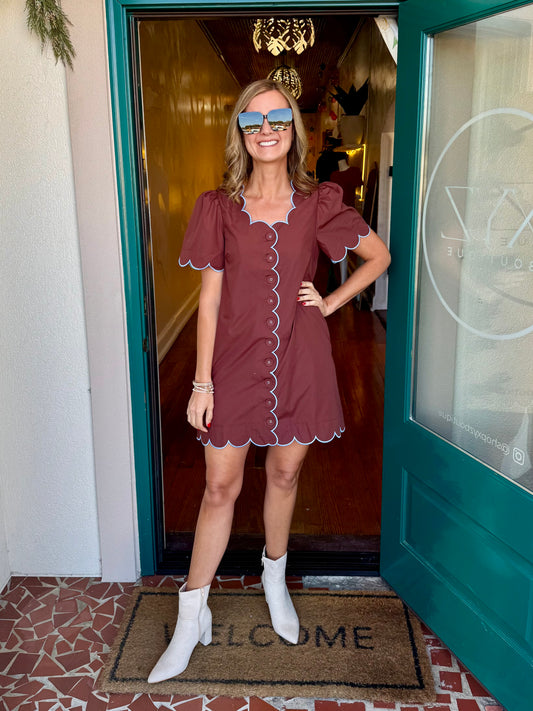 Brown and Blue Contrast Trim Dress