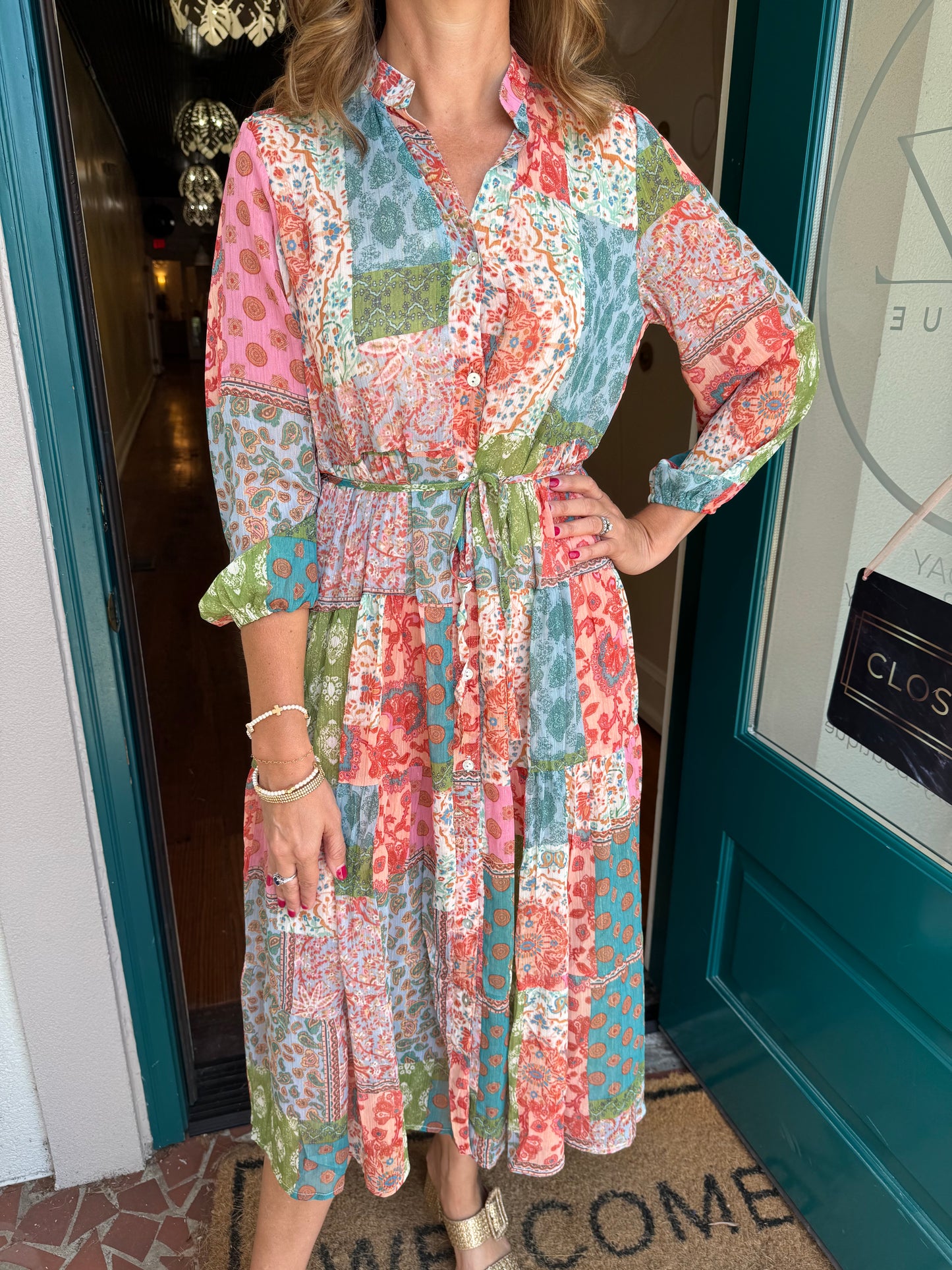 Green Floral Print Long Sleeve V-neck Maxi Dress
