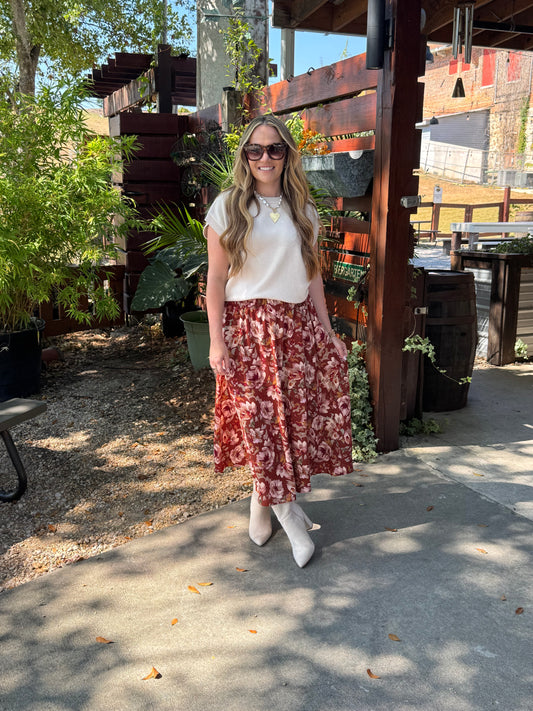 Rust Floral Midi Skirt