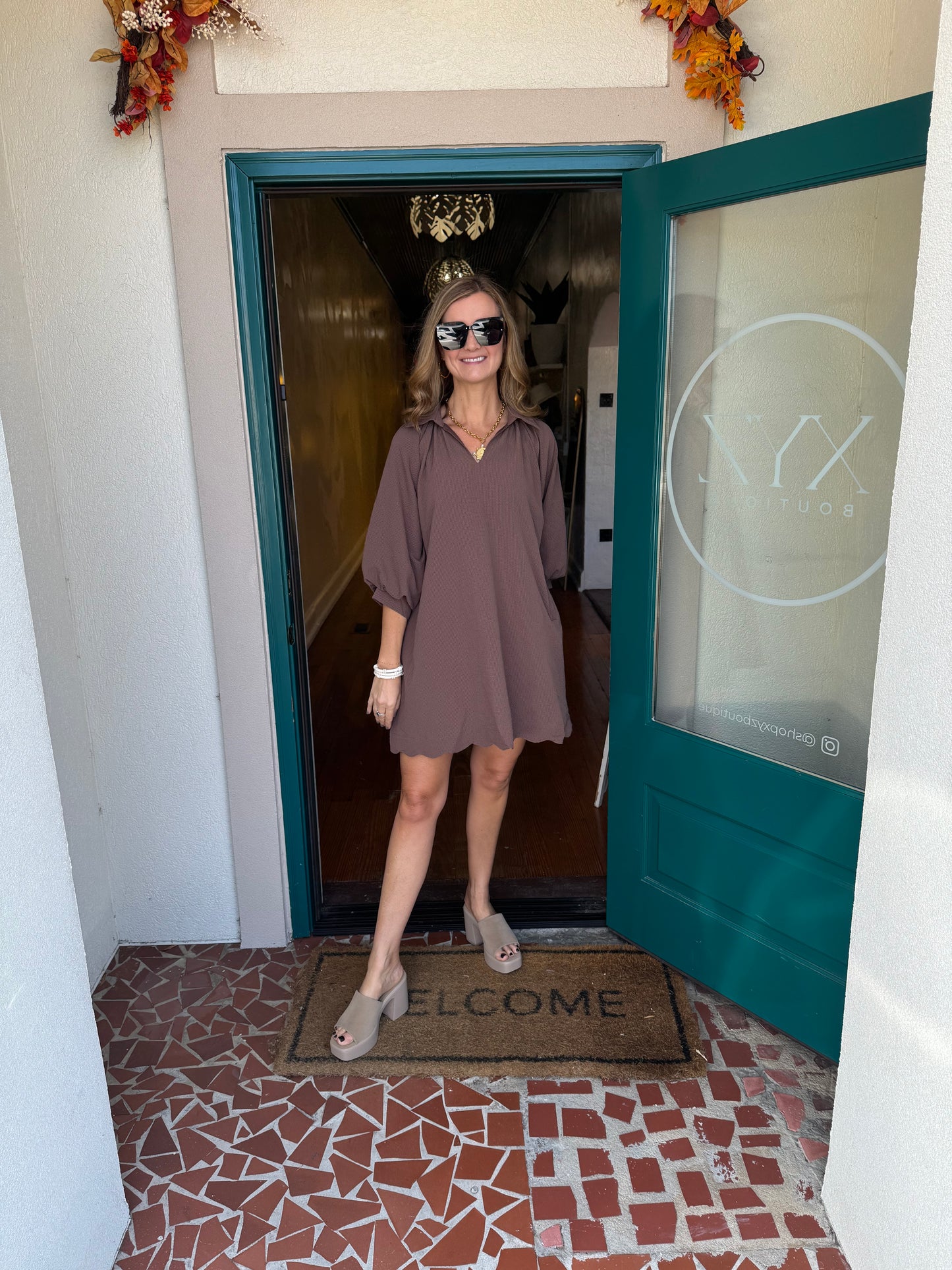 Split V-Neck Dress with Puff Sleeves Scalloped Hem