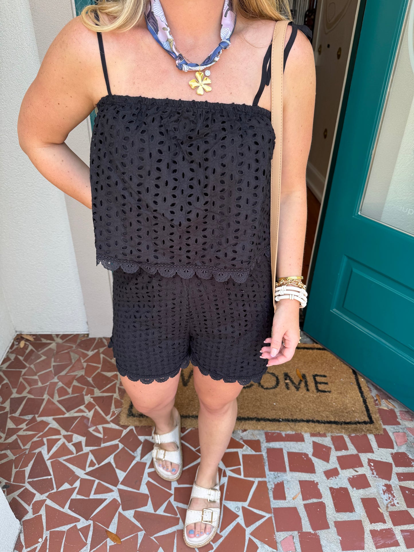 Floral Eyelet Lace Summer Tie Shoulder Set