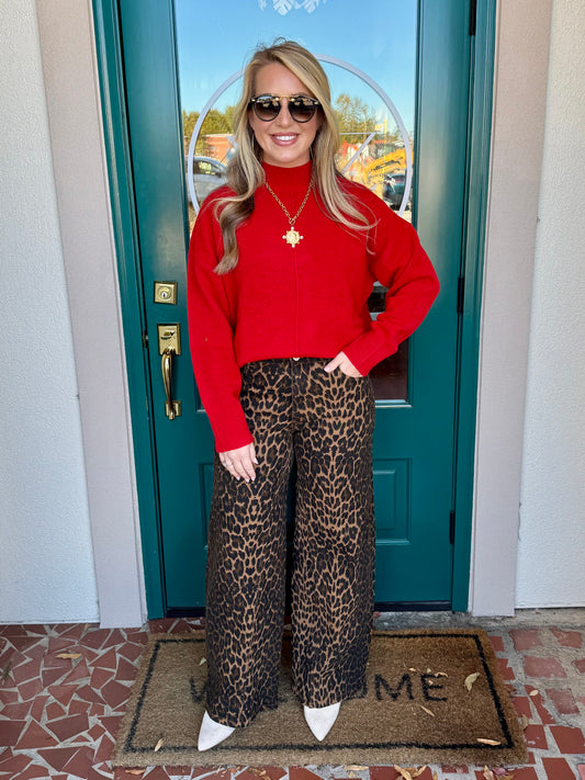 Red Front Seam Mock Neck Long Sleeve Knit Sweater