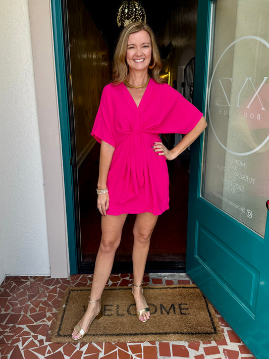 Batwing Sleeve Woven Ruched Front Dress