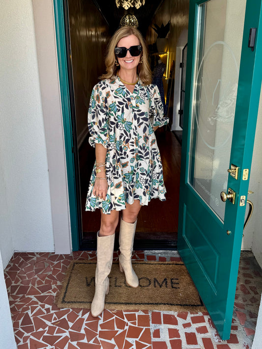 Navy Mix Floral Printed 3/4 Sleeve Shirt Dress