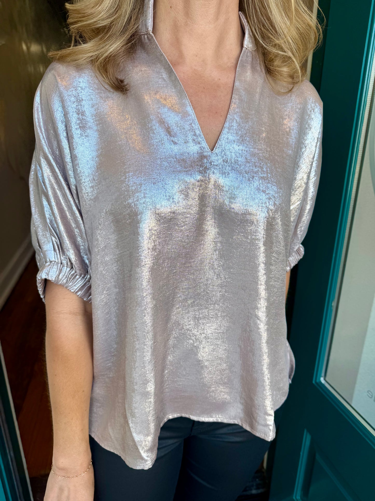 Metallic Oversized V-Neck Blouse