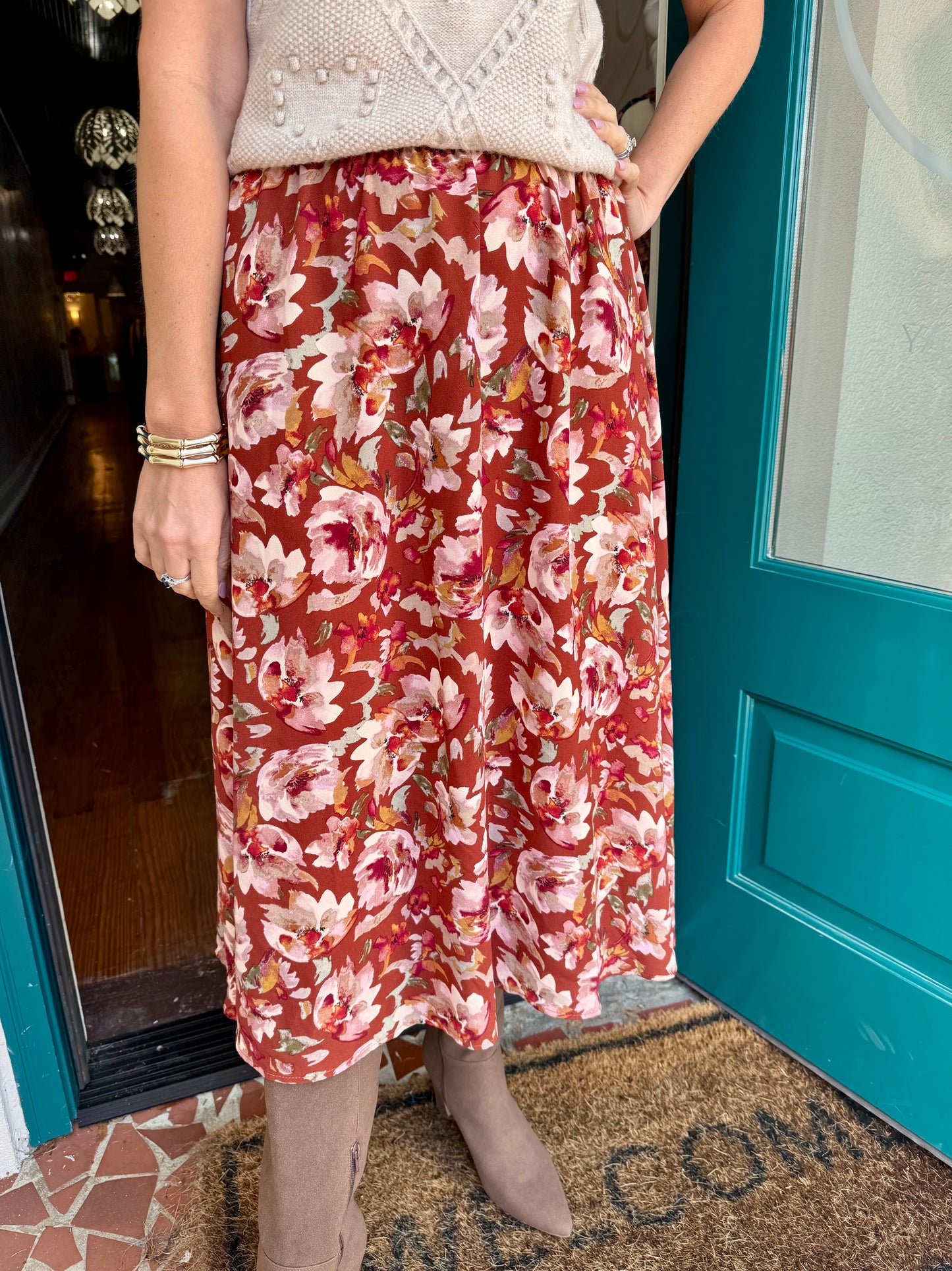 Rust Floral Midi Skirt