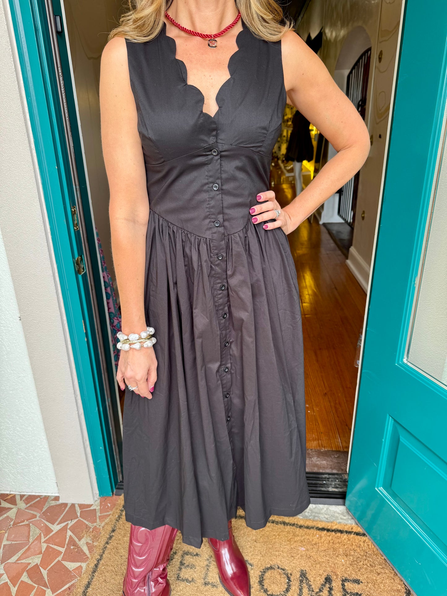 Scalloped Neckline Button Up Dress