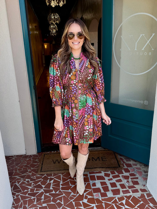 Brown Mix Floral Zip Front Dress