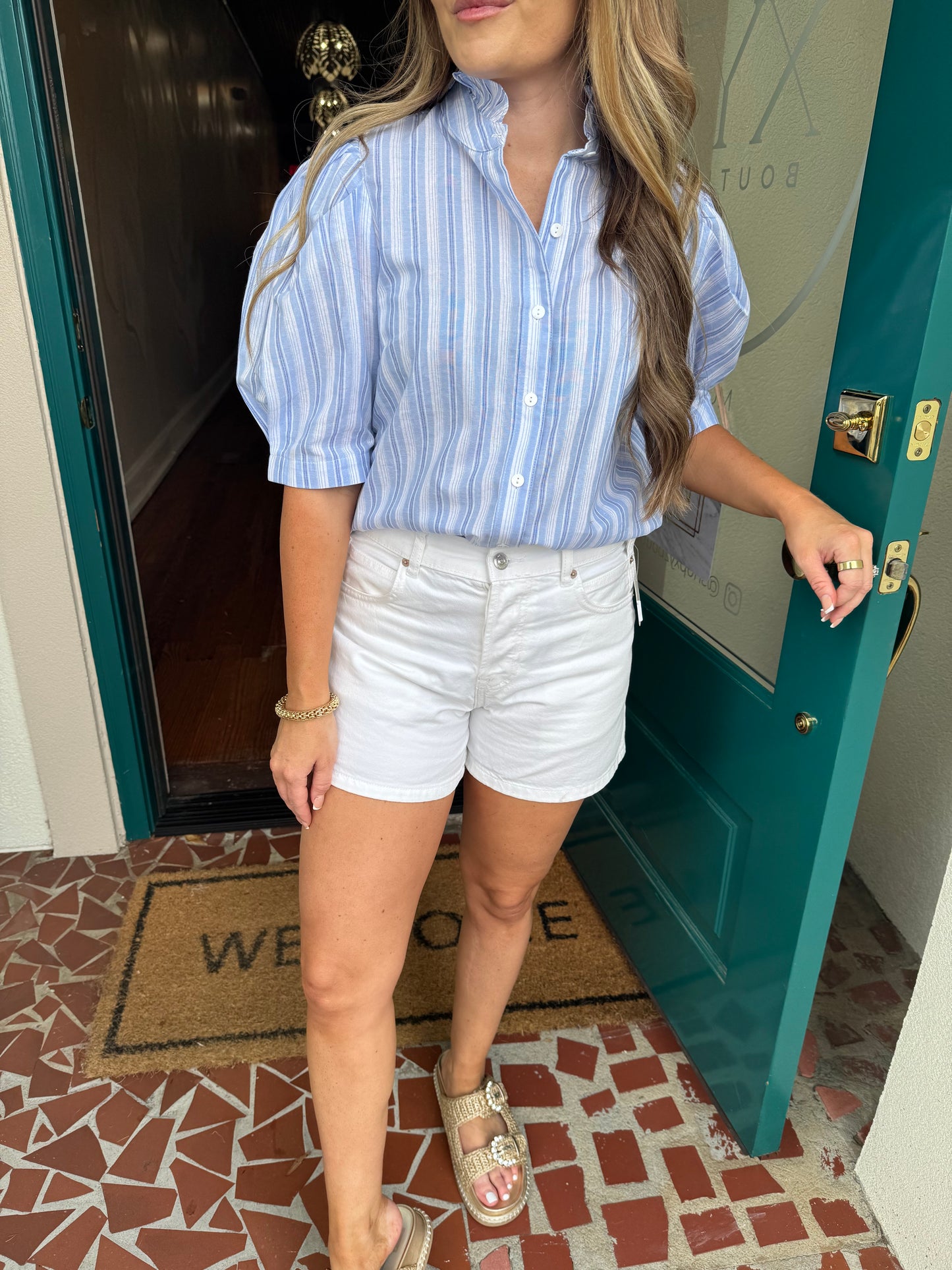 Blue Stripe Ruffled Neck Top